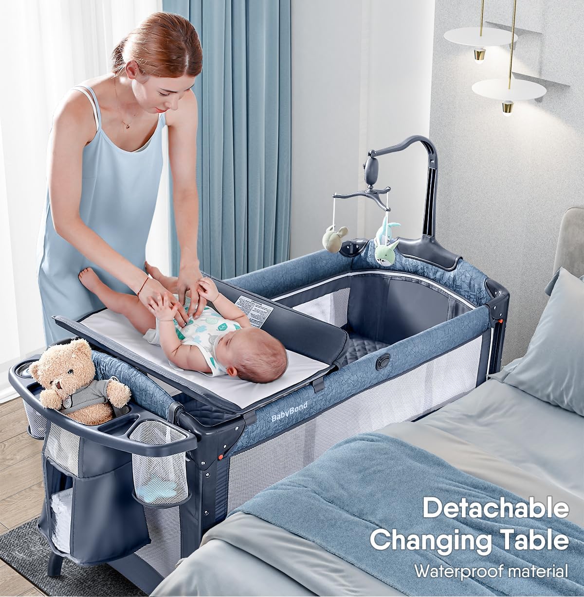 Alternative view of BabyBond Baby Bassinet Bedside Crib, Pack and Play with Sheet, Diaper Changing Table and Music Mobile from Newborn to Toddles, Portable Large Playard