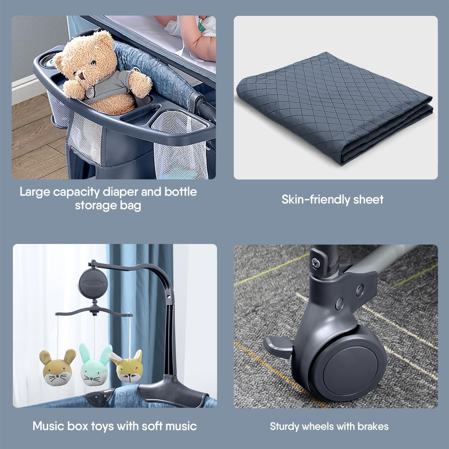 BabyBond Baby Bassinet Bedside Crib, Pack and Play with Sheet, Diaper Changing Table and Music Mobile from Newborn to Toddles, Portable Large Playard - Image 5