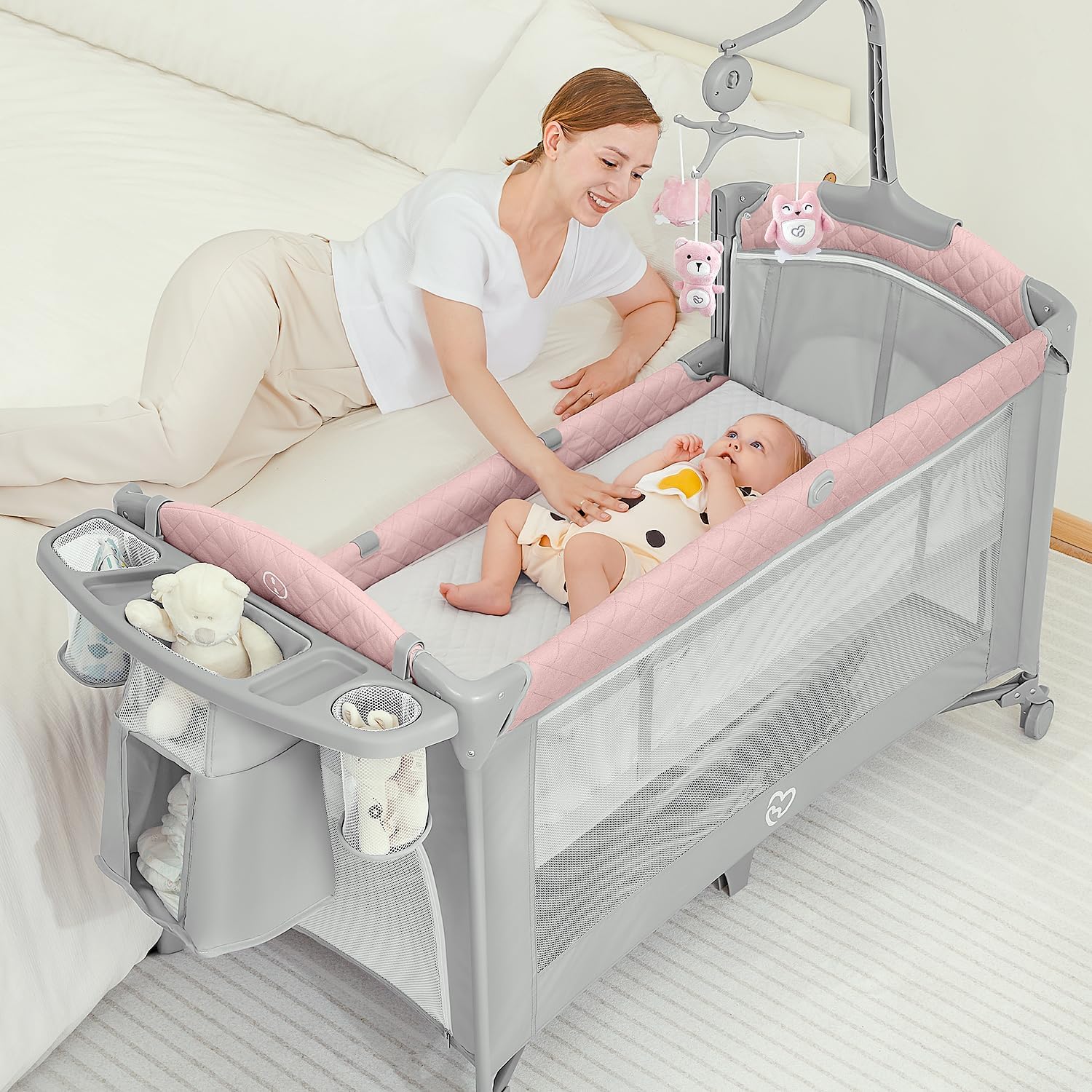 BabyBond Baby Bassinet Bedside Crib, Pack and Play with Sheet, Diaper Changing Table and Music Mobile from Newborn to Toddles, Portable Large Playard - Image 8