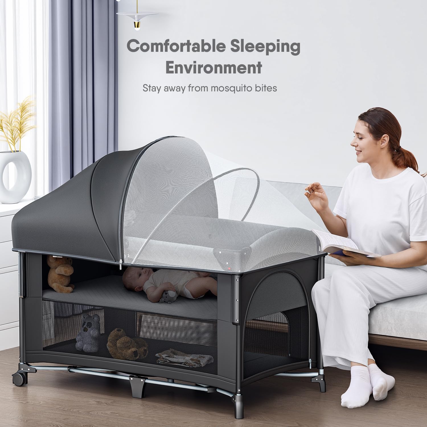Alternative view of Obee Odee 4 in 1 Baby Bassinet, Pack and Play, Bedside Crib Sleeper, Diaper Changer - Comes with Mattress, Mosquito Net，Bottom Storage and Toy Bar for Newborn to Toddles