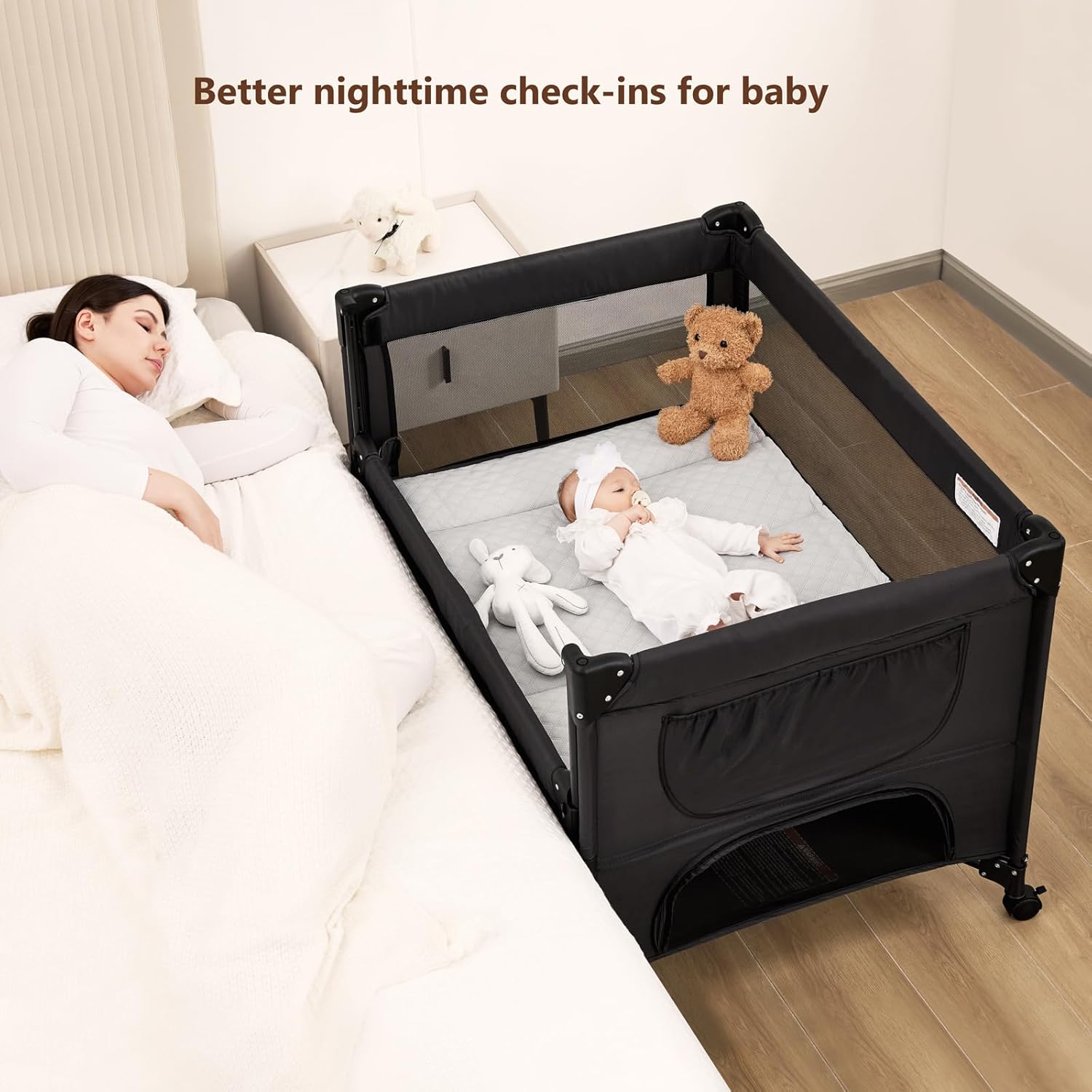 Alternative view of ANGELBLISS Baby Bassinet Bedside Crib, Pack and Play with Mattress, Diaper Changer, One-Push Setup Playards from Infants to Toddlers (Balck)