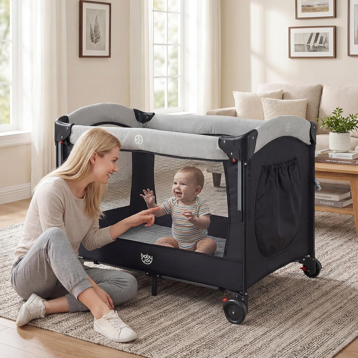 BABY JOY 5-in-1 Pack and Play, Baby Bedside Sleeper with Bassinet, Portable Baby Playard with U-Shaped Diaper Changer, Safety Strap, Multifunction Baby Bassinet Bedside Crib from Newborn to Toddlers