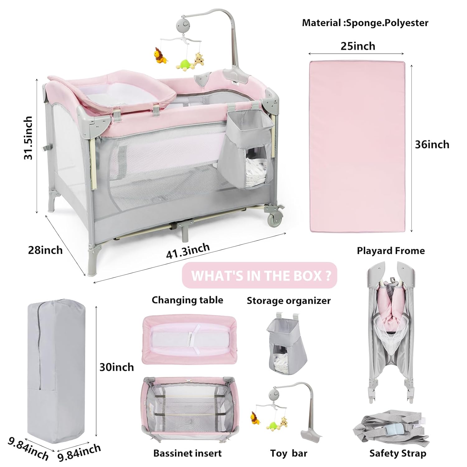 SIMPLGIRL 5-in-1 Pink Baby Bassinet Bedside Crib, Pack n Play Long Next to Parents Bed Crib, Foldable Playard, Playpen Travel Bed Nursery Center for Girl Infant Newborn