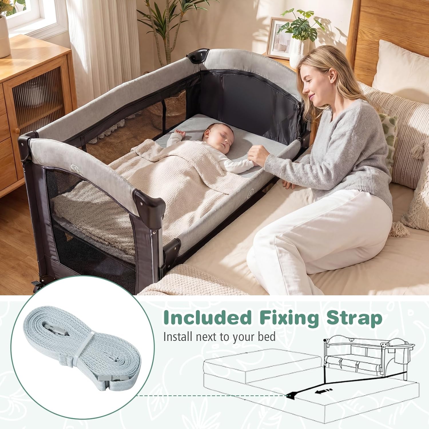Alternative view of BABY JOY 5-in-1 Pack and Play, Baby Bedside Sleeper with Bassinet, Portable Baby Playard with U-Shaped Diaper Changer, Safety Strap, Multifunction Baby Bassinet Bedside Crib from Newborn to Toddlers