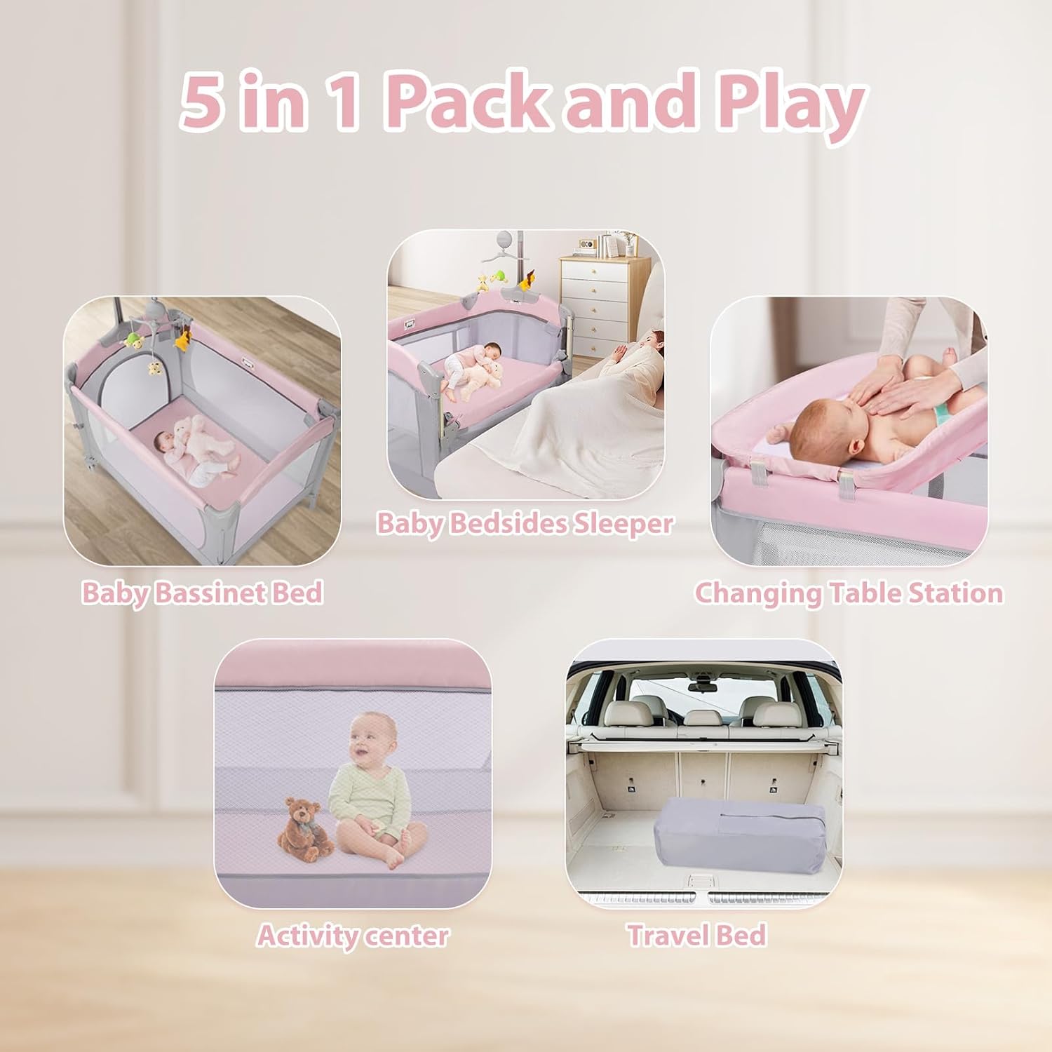 Alternative view of SIMPLGIRL 5-in-1 Pink Baby Bassinet Bedside Crib, Pack n Play Long Next to Parents Bed Crib, Foldable Playard, Playpen Travel Bed Nursery Center for Girl Infant Newborn