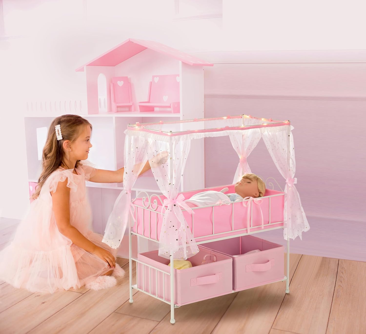 Badger Basket Starlights Metal Doll Crib with Canopy, Bedding, Storage & LED Lights – Pink/White Stars – Fits Dolls up to 18 Inches