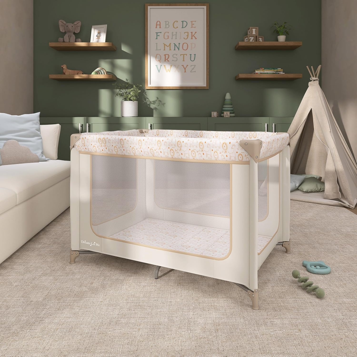 Dream On Me Zodiak Baby Playard, Breathable Mesh Sides, Soft Comfortable Mattress, Quick & Easy to Fold with Travel Carry Bag, Compact Space Saving Design - Beige