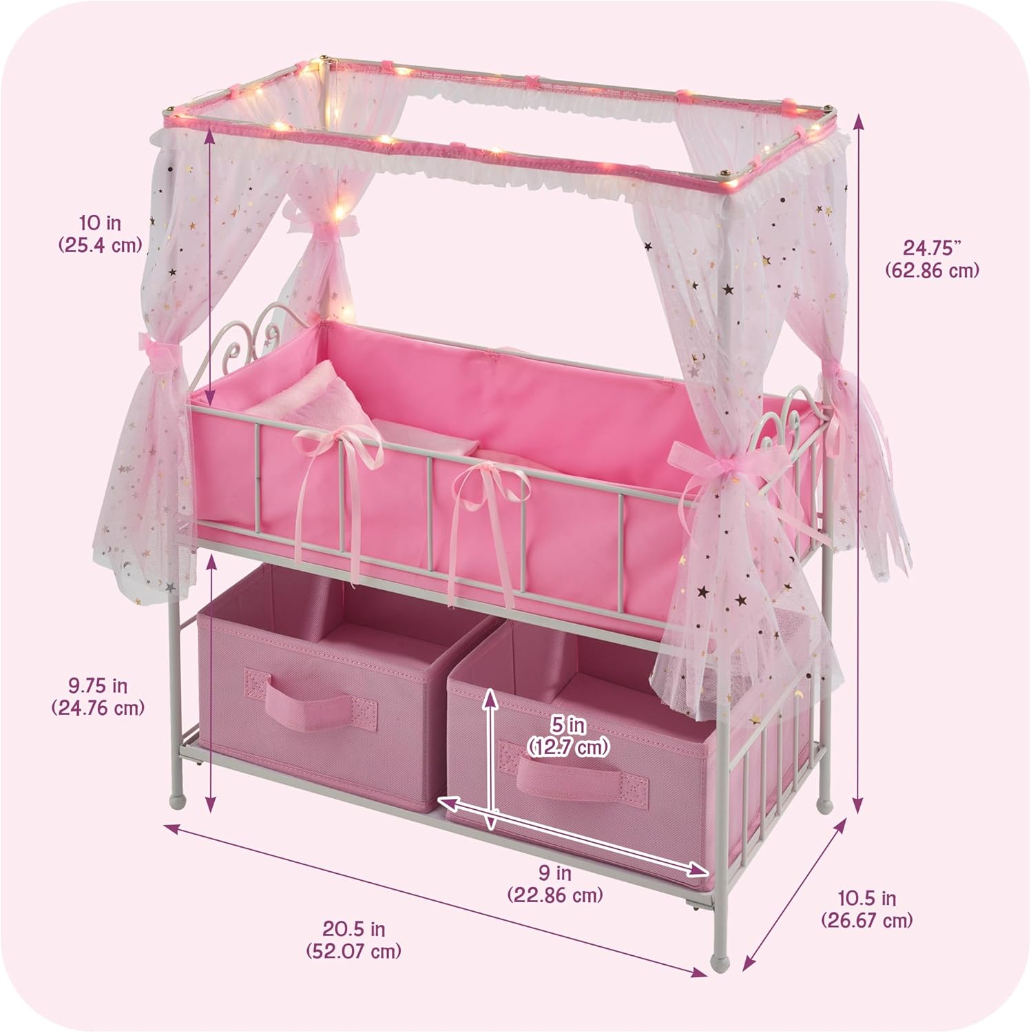 Alternative view of Badger Basket Starlights Metal Doll Crib with Canopy, Bedding, Storage & LED Lights – Pink/White Stars – Fits Dolls up to 18 Inches