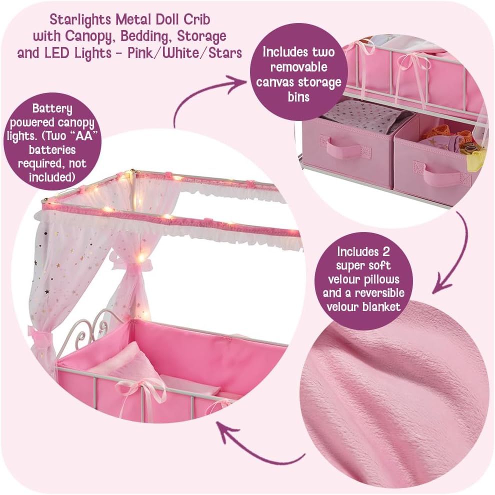 Badger Basket Starlights Metal Doll Crib with Canopy, Bedding, Storage & LED Lights – Pink/White Stars – Fits Dolls up to 18 Inches - Image 3