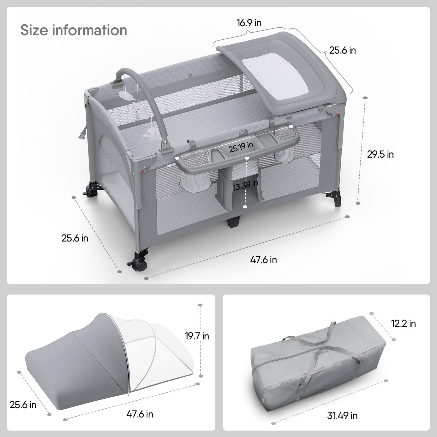 Obee Odee 4 in 1 Baby Bassinet, Pack and Play, Bedside Crib Sleeper, Diaper Changer - Comes with Mattress, Mosquito Net，Bottom Storage and Toy Bar for Newborn to Toddles