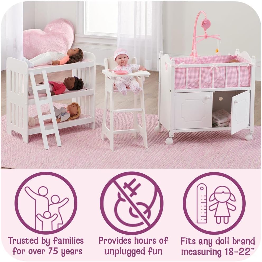 Badger Basket Starlights Metal Doll Crib with Canopy, Bedding, Storage & LED Lights – Pink/White Stars – Fits Dolls up to 18 Inches - Image 4