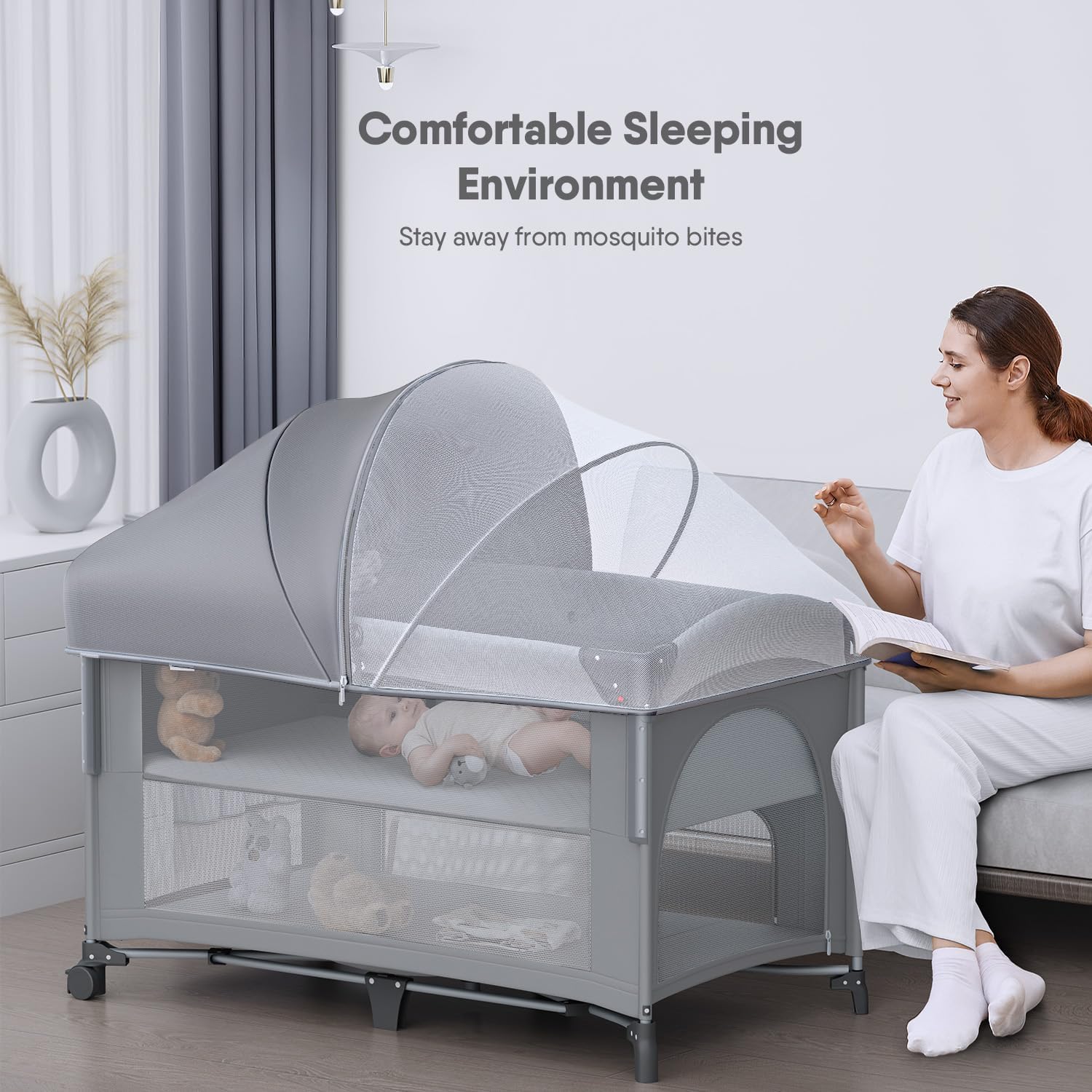 Alternative view of Obee Odee 4 in 1 Baby Bassinet, Pack and Play, Bedside Crib Sleeper, Diaper Changer - Comes with Mattress, Mosquito Net,Bottom Storage and Toy Bar for Newborn to Toddles