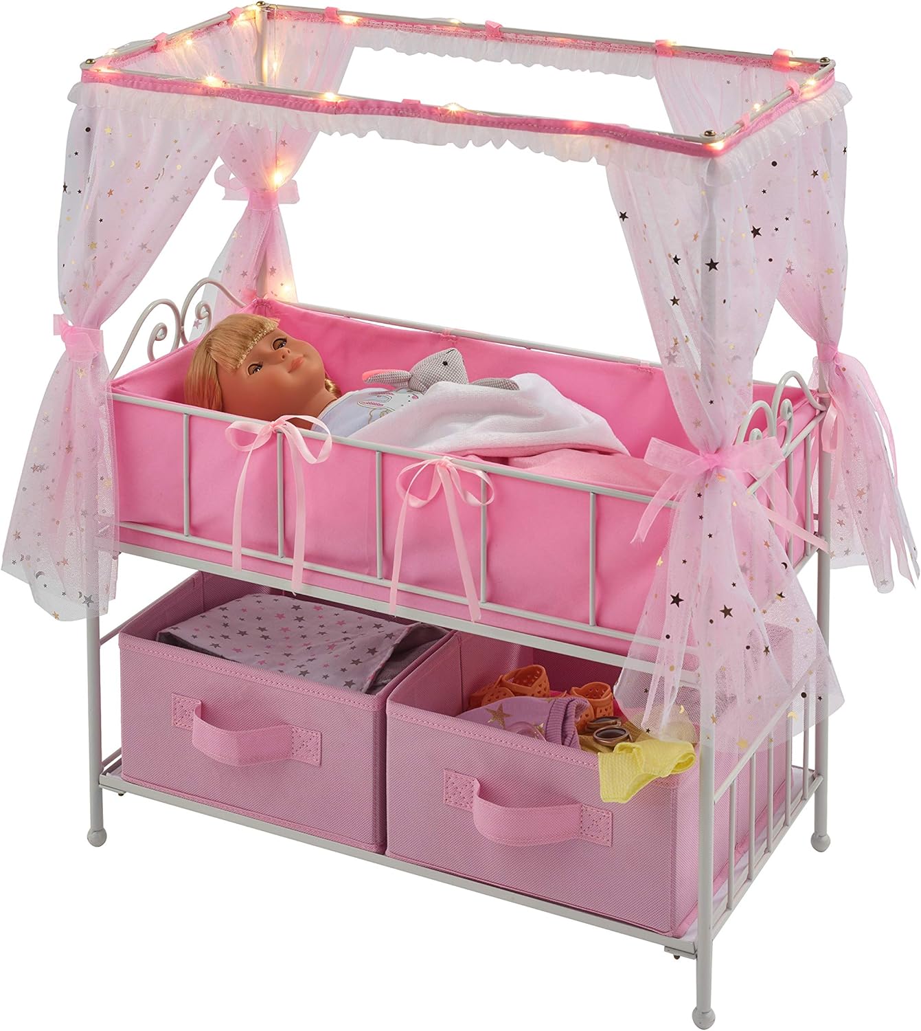 Badger Basket Starlights Metal Doll Crib with Canopy, Bedding, Storage & LED Lights – Pink/White Stars – Fits Dolls up to 18 Inches - Image 5