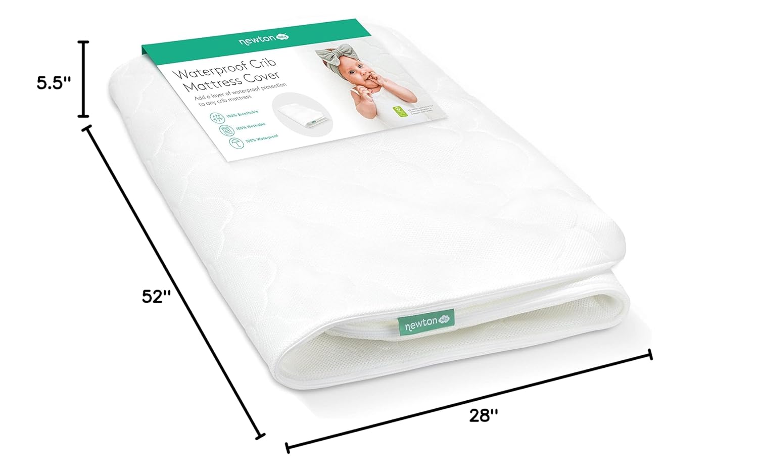 Newton Baby Waterproof Extra Cover | Ultra-Breathable Proven to Reduce Suffocation Risk, Fits Original and Waterproof Newton Crib Mattress, Safe, Machine Washable, Non-Toxic - White (Cover ONLY)
