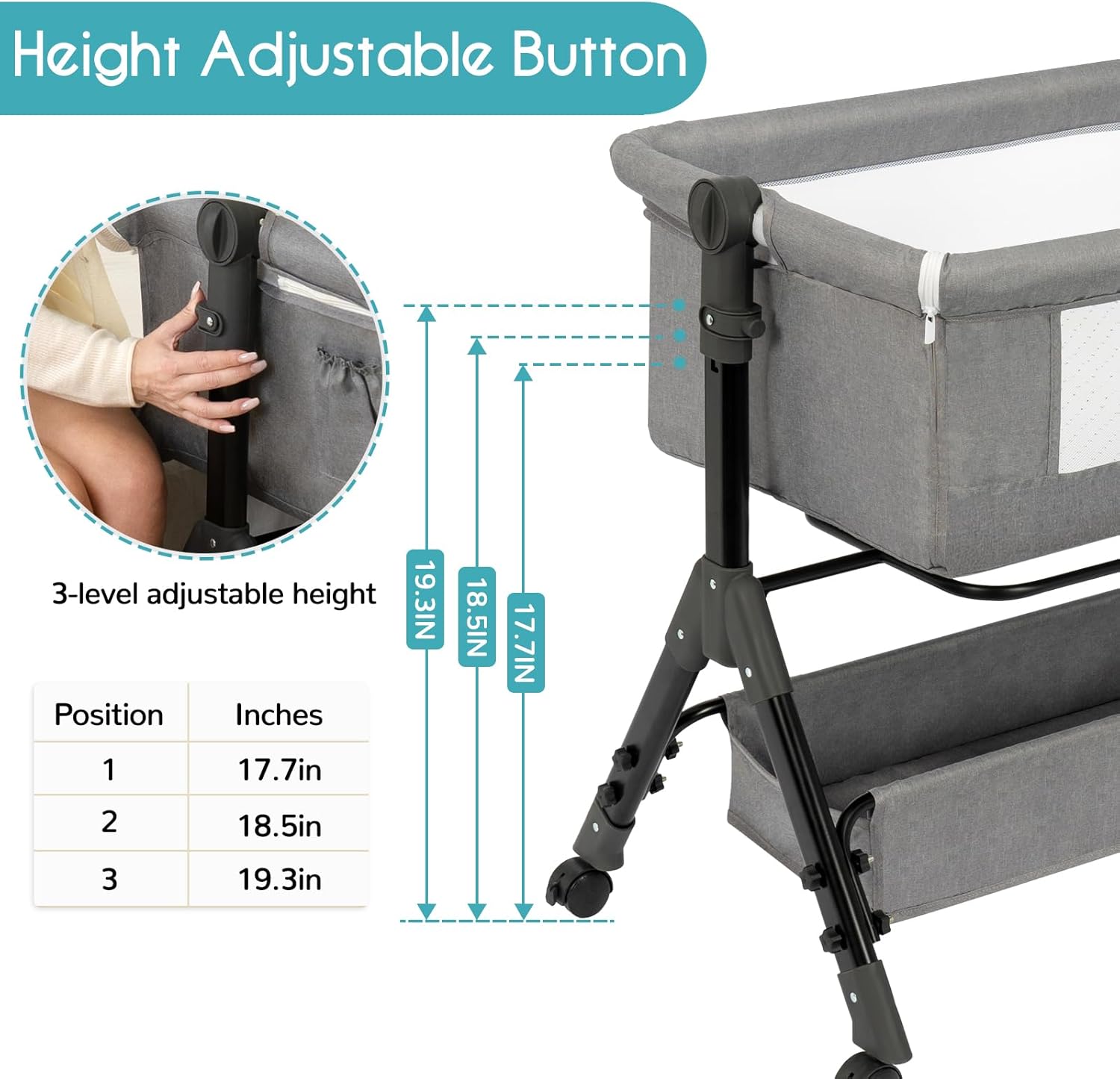 Alternative view of BCOL 3 in 1 Baby Bassinet Bedside Sleeper, Bedside Crib for Baby, Adjustable Baby Bassinet with Wheels, Storage Basket, Mattress, Easy Assemble & Folding Portable Baby Cradle (Grey)