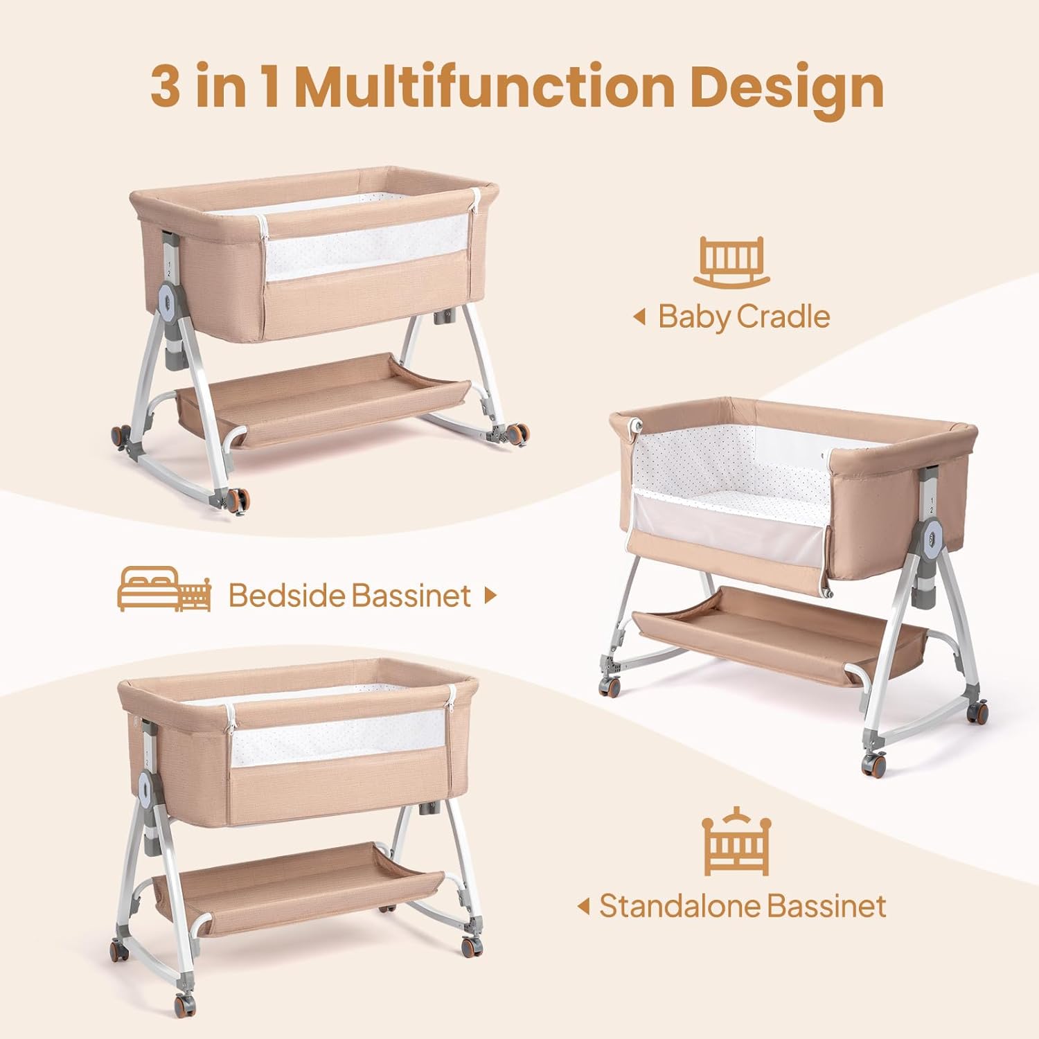 Alternative view of JOYMOR 3 in 1 Baby Bassinet, Bedside Bassinet for Baby, with Comfy Mattress and Wheels, 6 Height Adjustable Easy Folding Portable Bedside Crib for Newborn (Beige)