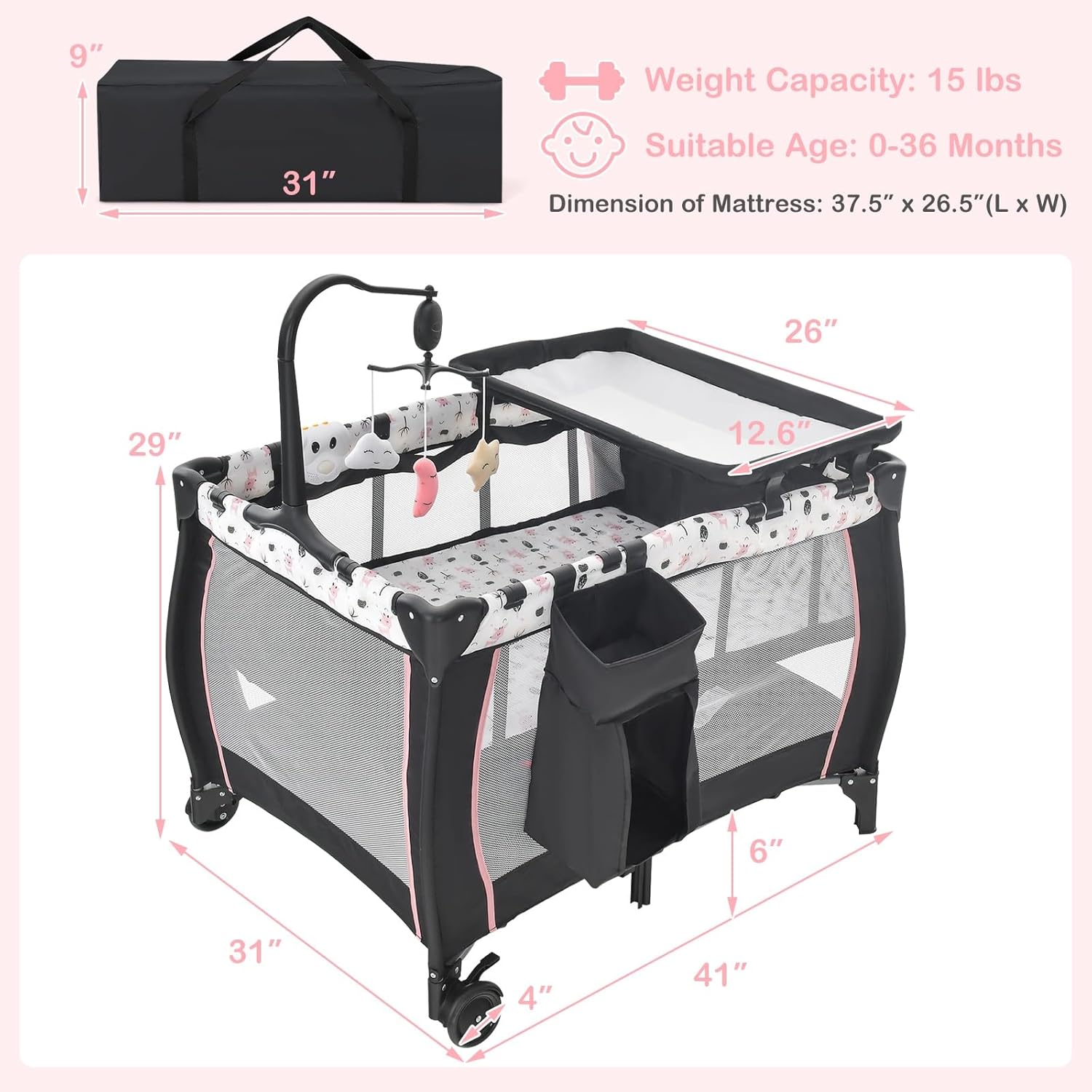 Alternative view of INFANS 3 in 1 Pack and Play, Portable Travel Baby Crib Bassinet with Detachable Mattress, Newborn Changing Table, Foldable Playpen with Carry Bag and 2 Wheels (Cartoon)