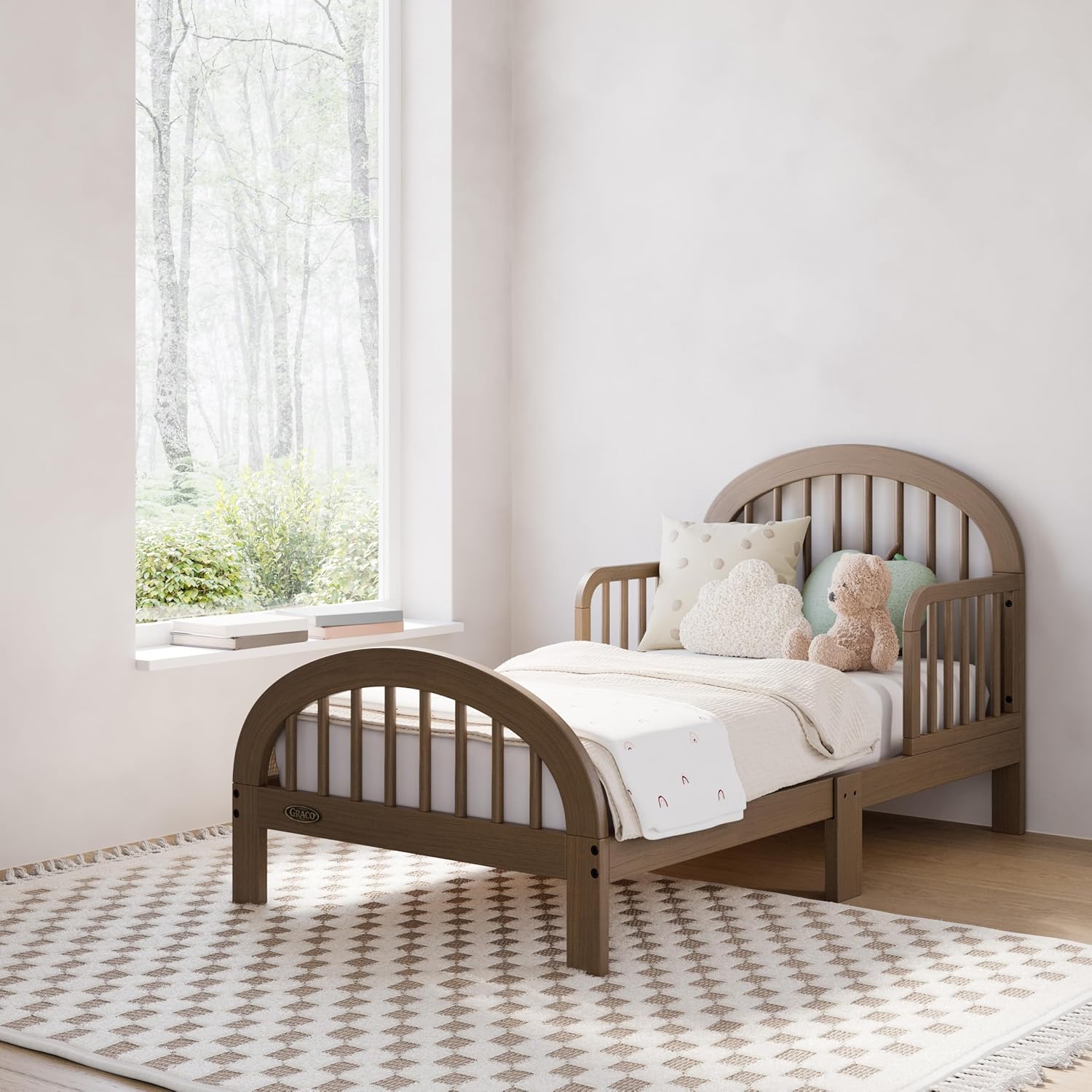 Graco Olivia Toddler Bed (Hazelnut) - GREENGUARD Gold Certified, Includes Safety Guardrails, Fits Standard Crib & Toddler Mattress, Stylish Arched Design