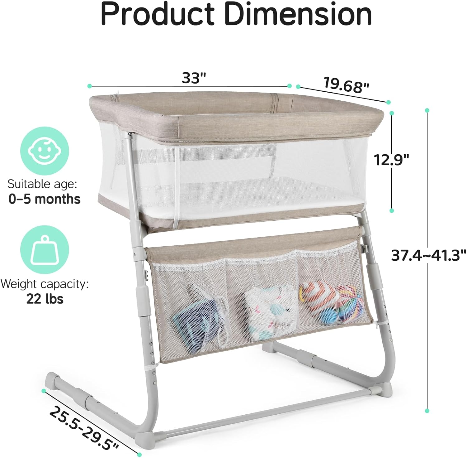 Cowiewie Bassinet Bedside Sleeper,Baby Bassinet Slides Over Bed,5-Position Height Adjustment & Breathable All-Mesh Wall Bedside Bassinet for Baby,Space-Saving Bedside Crib, Height(37.4-41.3"), Beige