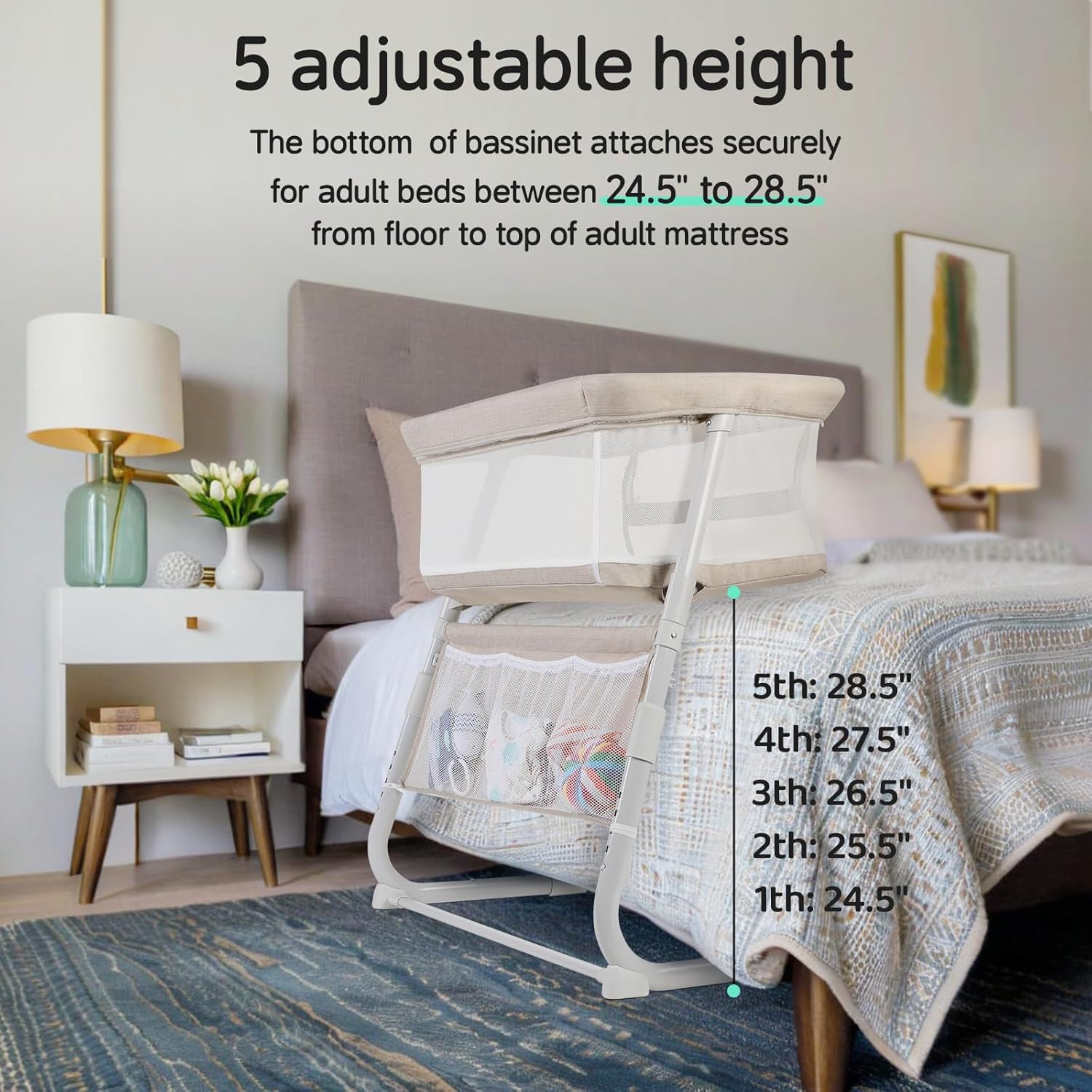 Alternative view of Cowiewie Bassinet Bedside Sleeper,Baby Bassinet Slides Over Bed,5-Position Height Adjustment & Breathable All-Mesh Wall Bedside Bassinet for Baby,Space-Saving Bedside Crib, Height(37.4-41.3"), Beige