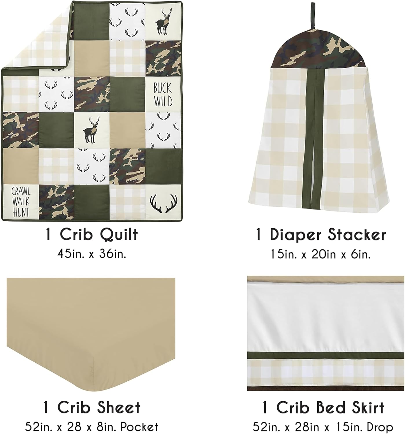 Sweet Jojo Designs 4-Piece Baby Crib Bedding Set (Woodland Camo Deer) for Boys, Infants/Nursery incl. Blanket, Fitted Sheet, Skirt, Diaper Stacker (Forest Green, Camouflage, Rustic, Stag, Beige Plaid)