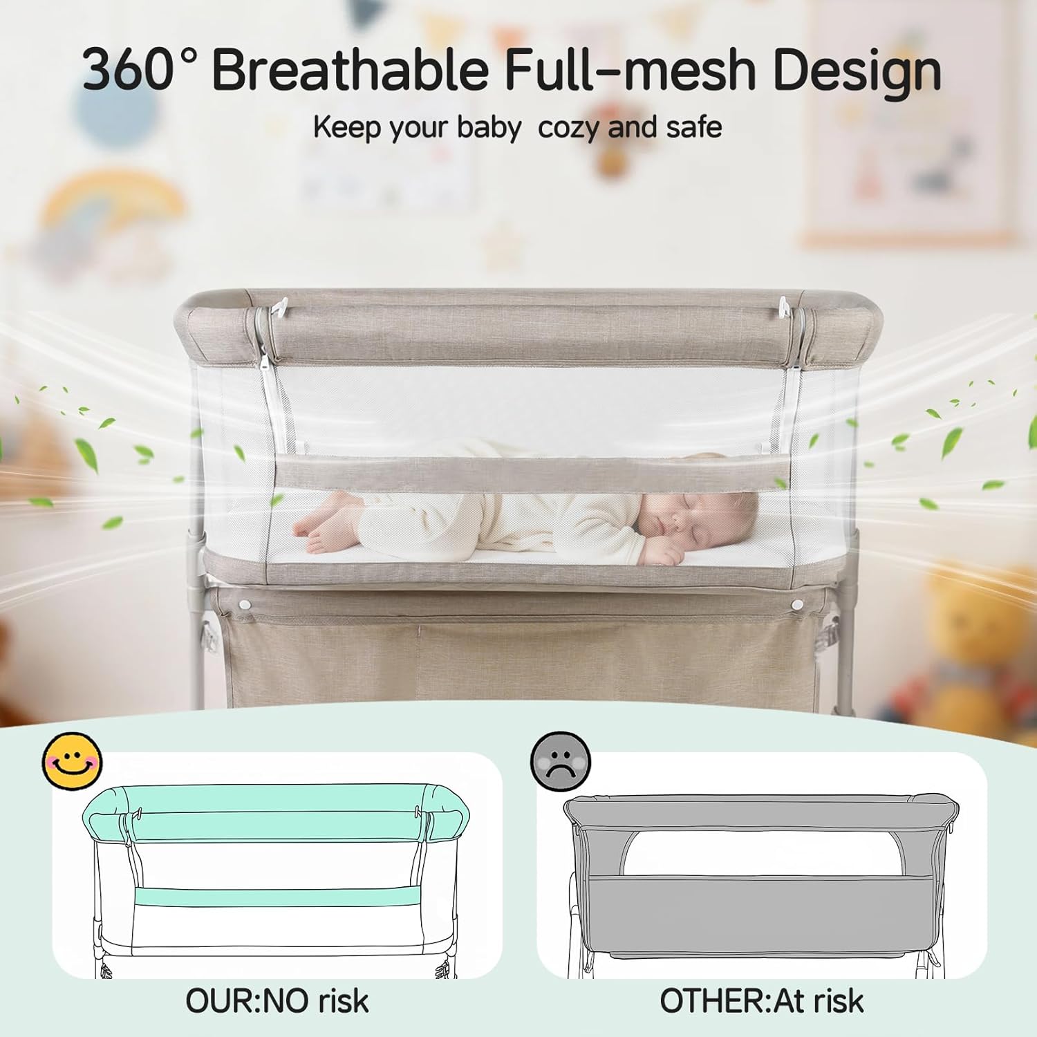 Cowiewie Bassinet Bedside Sleeper,Baby Bassinet Slides Over Bed,5-Position Height Adjustment & Breathable All-Mesh Wall Bedside Bassinet for Baby,Space-Saving Bedside Crib, Height(37.4-41.3"), Beige - Image 3