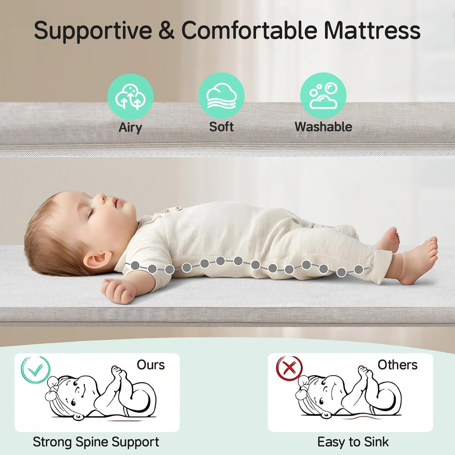 Cowiewie Bassinet Bedside Sleeper,Baby Bassinet Slides Over Bed,5-Position Height Adjustment & Breathable All-Mesh Wall Bedside Bassinet for Baby,Space-Saving Bedside Crib, Height(37.4-41.3"), Beige - Image 4