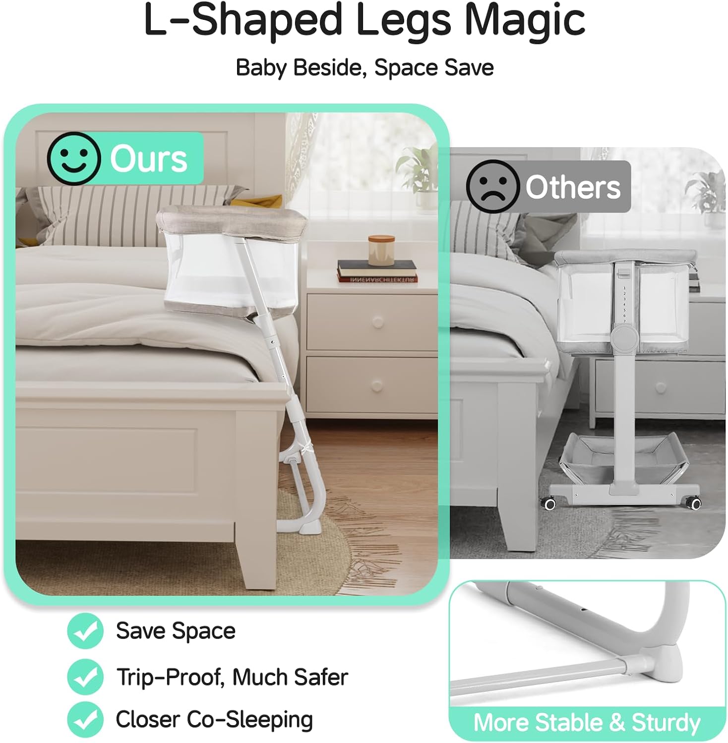 Cowiewie Bassinet Bedside Sleeper,Baby Bassinet Slides Over Bed,5-Position Height Adjustment & Breathable All-Mesh Wall Bedside Bassinet for Baby,Space-Saving Bedside Crib, Height(37.4-41.3"), Beige - Image 5