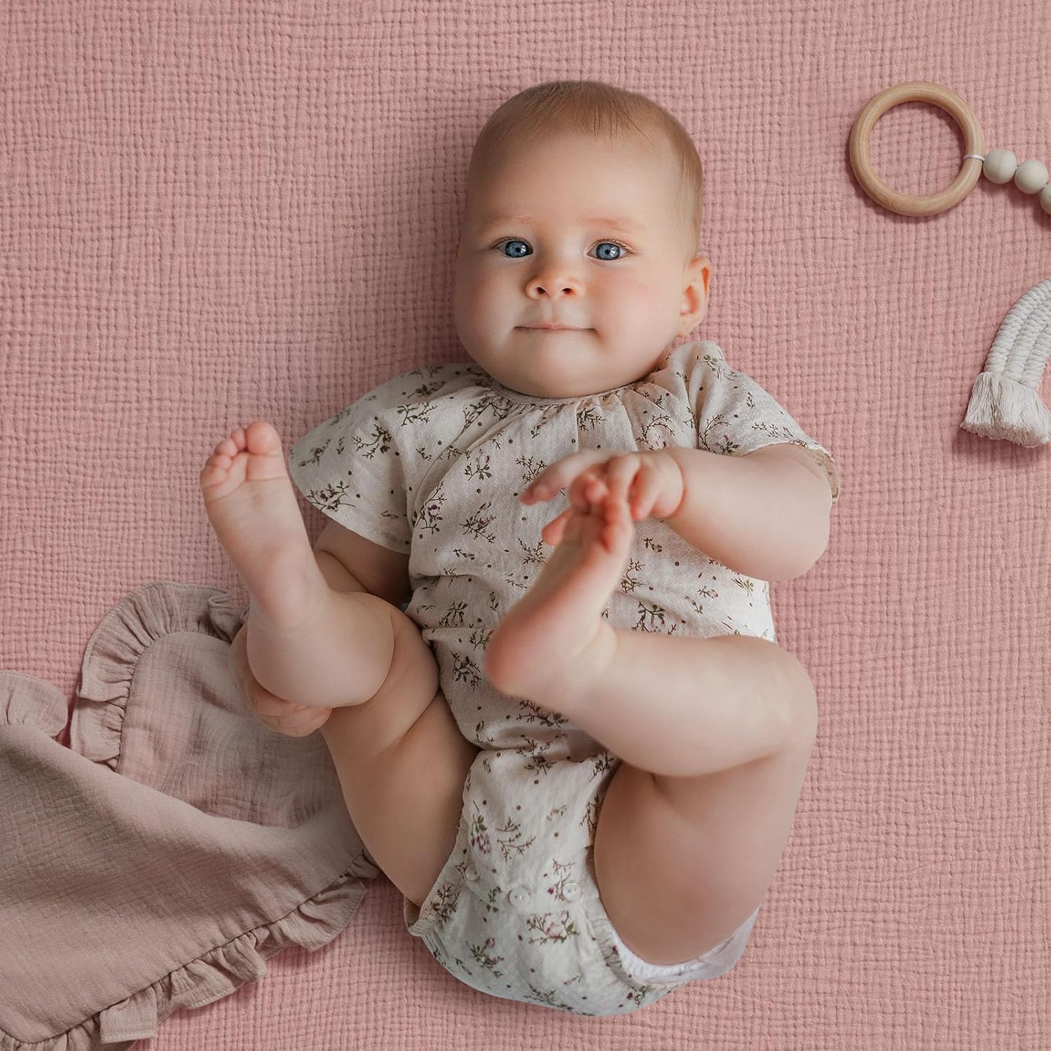 Blissful Diary Muslin Crib Sheets for Girl Boy, Boho Neutral Soft Cotton Baby Sheet for 52''x28'' Standard Crib Mattress, 2 Pack(Pink Floral&Light Pink)