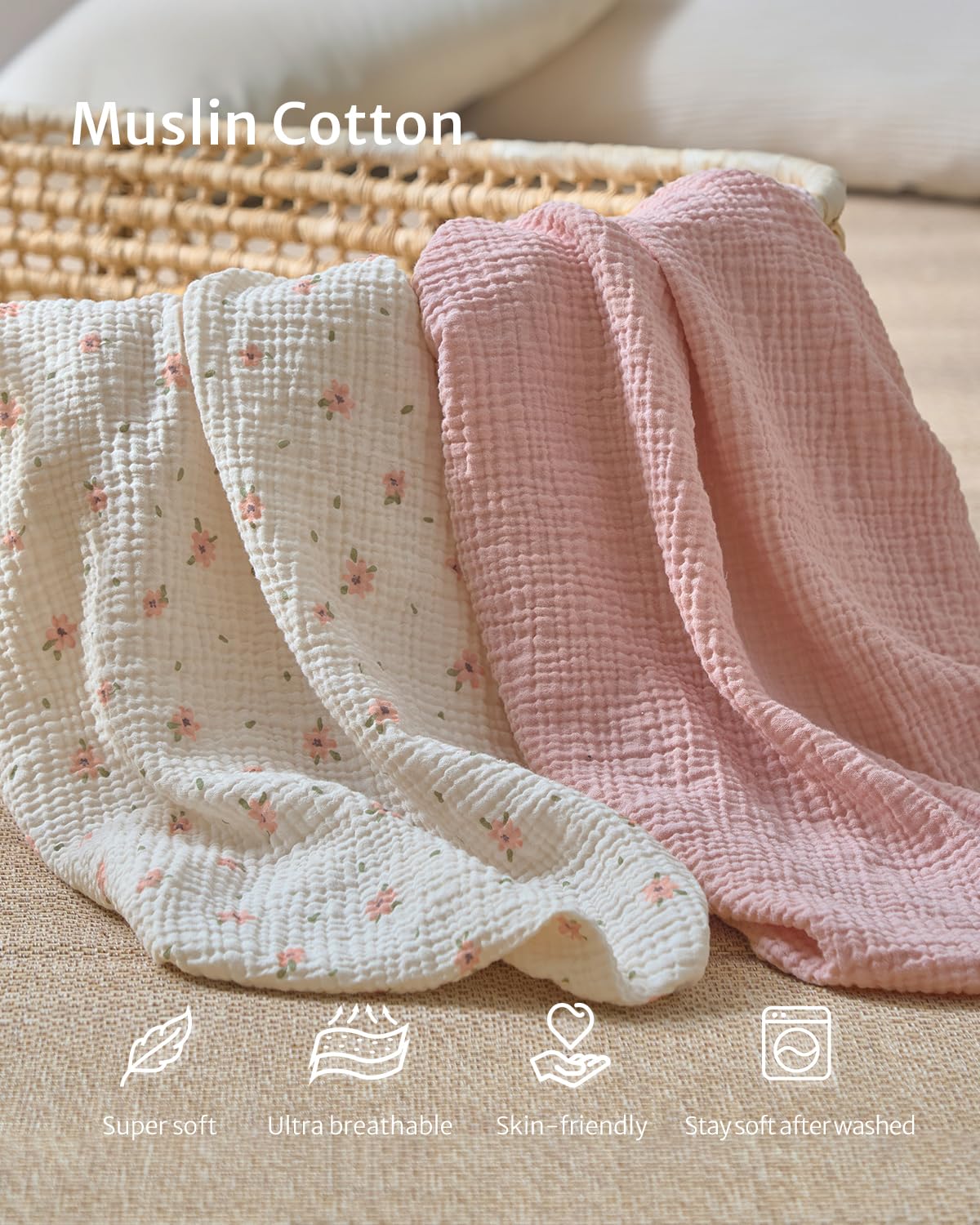 Alternative view of Blissful Diary Muslin Crib Sheets for Girl Boy, Boho Neutral Soft Cotton Baby Sheet for 52''x28'' Standard Crib Mattress, 2 Pack(Pink Floral&Light Pink)