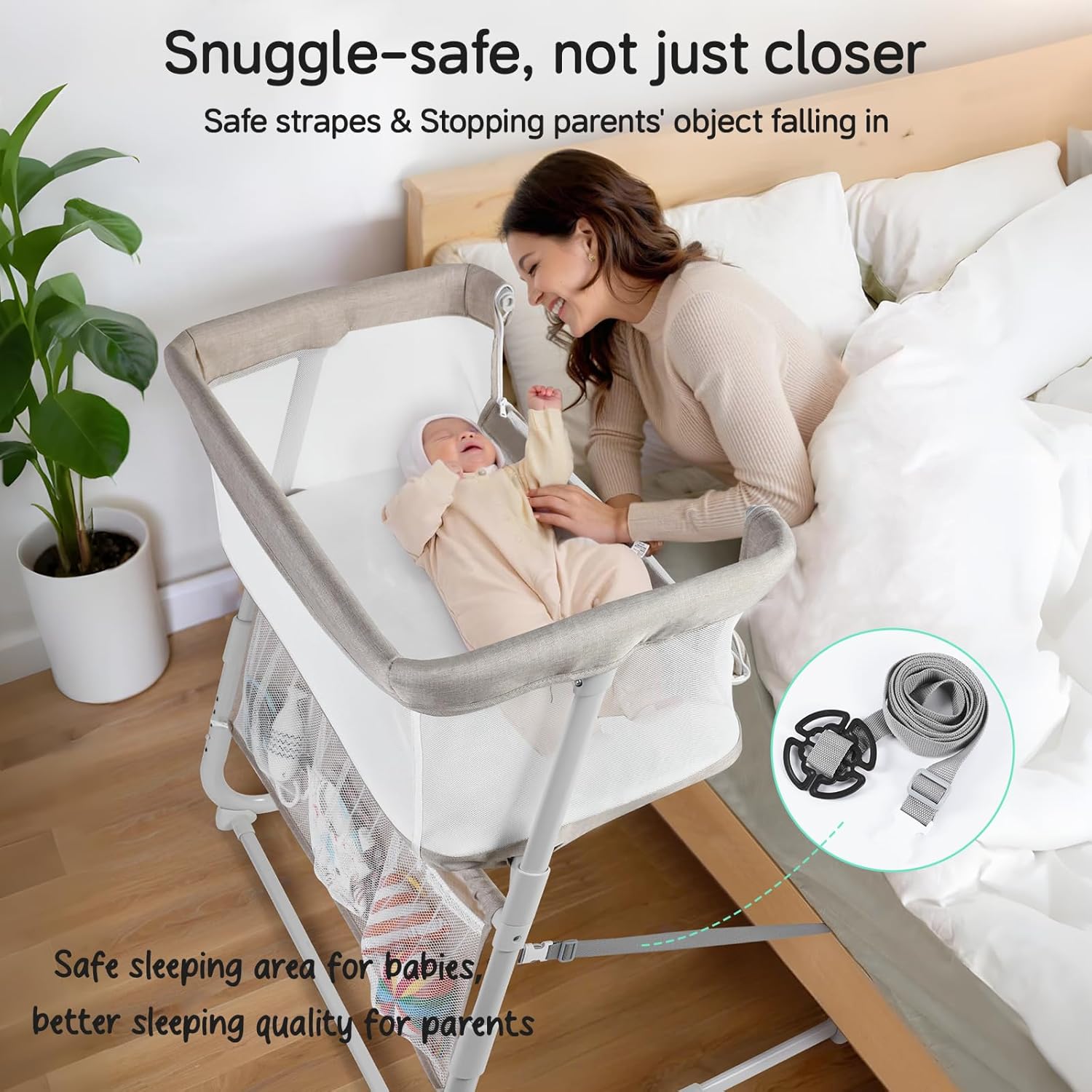 Cowiewie Bassinet Bedside Sleeper,Baby Bassinet Slides Over Bed,5-Position Height Adjustment & Breathable All-Mesh Wall Bedside Bassinet for Baby,Space-Saving Bedside Crib, Height(37.4-41.3"), Beige - Image 7