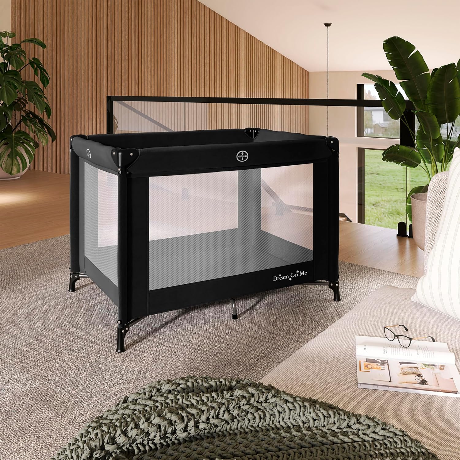 Dream On Me Nest Portable Playard in Black with Carrybag an Shoulder Strap, Lightweight, Packable and Easy Setup Baby Playard, Breathable Mesh Sides and Soft Fabric - Comes with a Removable Padded Mat