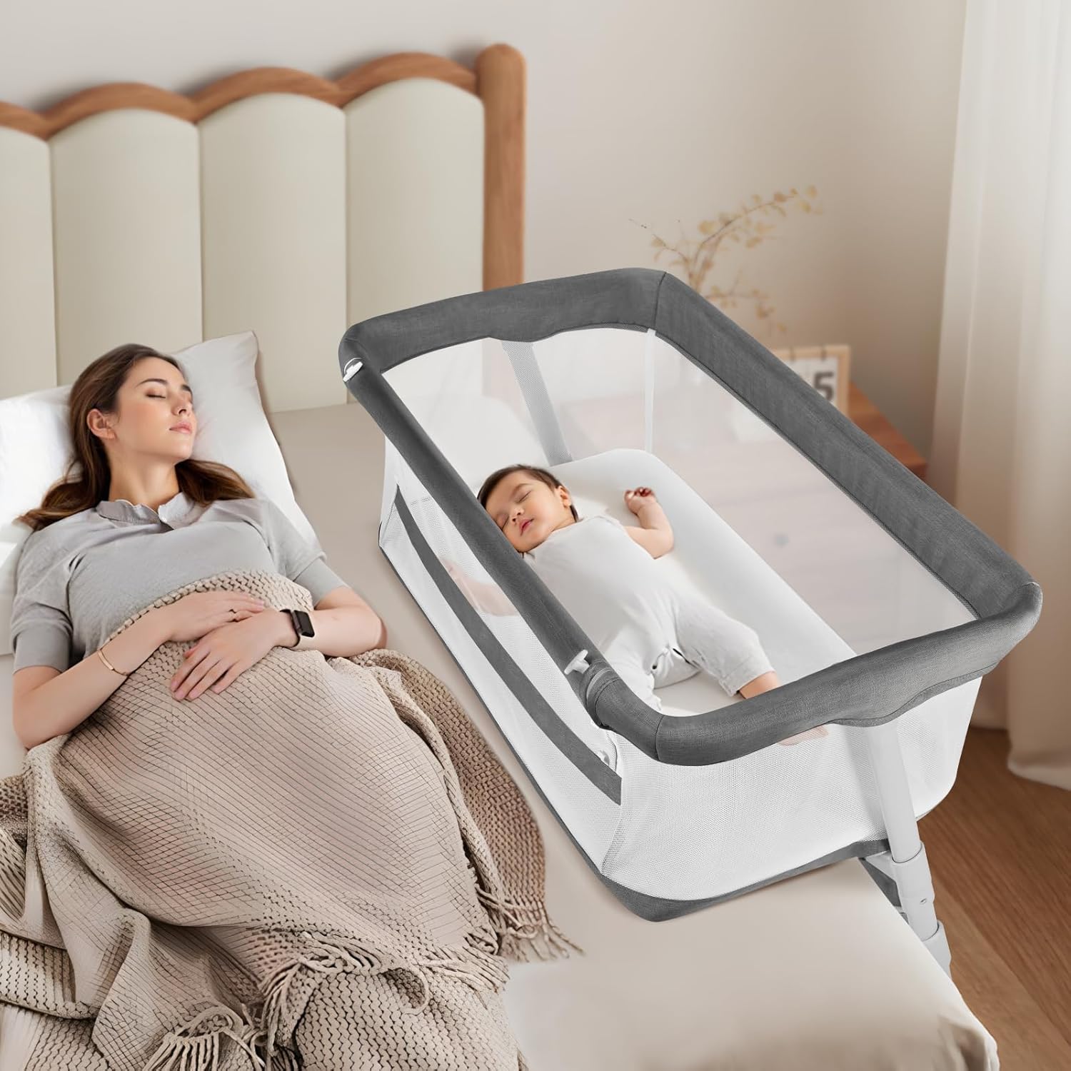 Cowiewie Bassinet Bedside Sleeper,Baby Bassinet Slides Over Bed,5-Position Height Adjustment & Breathable All-Mesh Wall Bedside Bassinet for Baby,Space-Saving Bedside Crib, Height(37.4-41.3"), Beige - Image 9