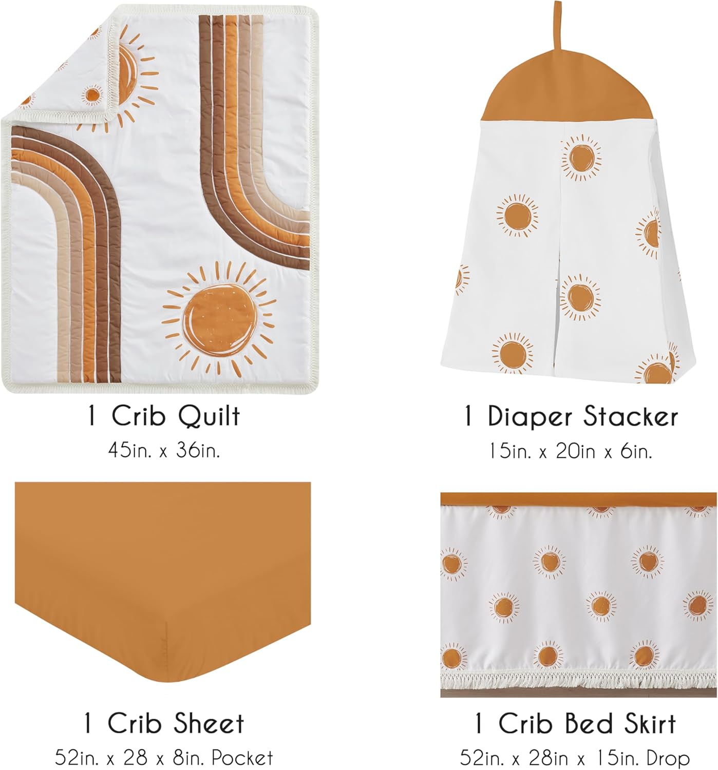 Sweet Jojo Designs 4-Piece Baby Crib Bedding Set (Vintage Rainbow Boho Sun) for Boys or Girls, Infants/Nursery incl. Blanket, Fitted Sheet, Skirt, Diaper Stacker (Bohemian, Neutral, Sunshine, Retro)