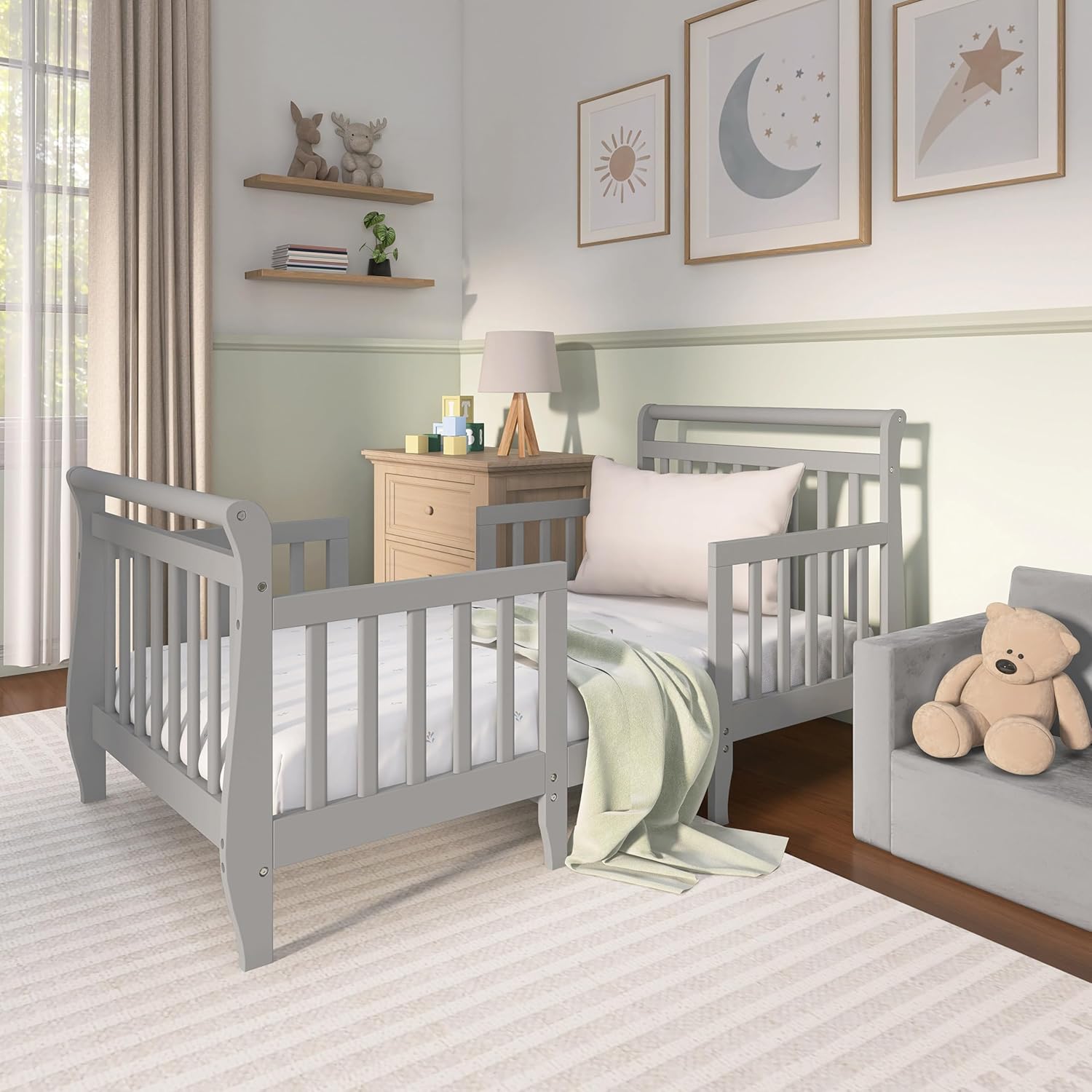 Dream On Me Emma 3-in-1 Convertible Wooden Toddler Bed in Steel Grey, Baby Safety Alliance Certified, Low-to-Floor Design, Solid Pinewood with Safety Rails