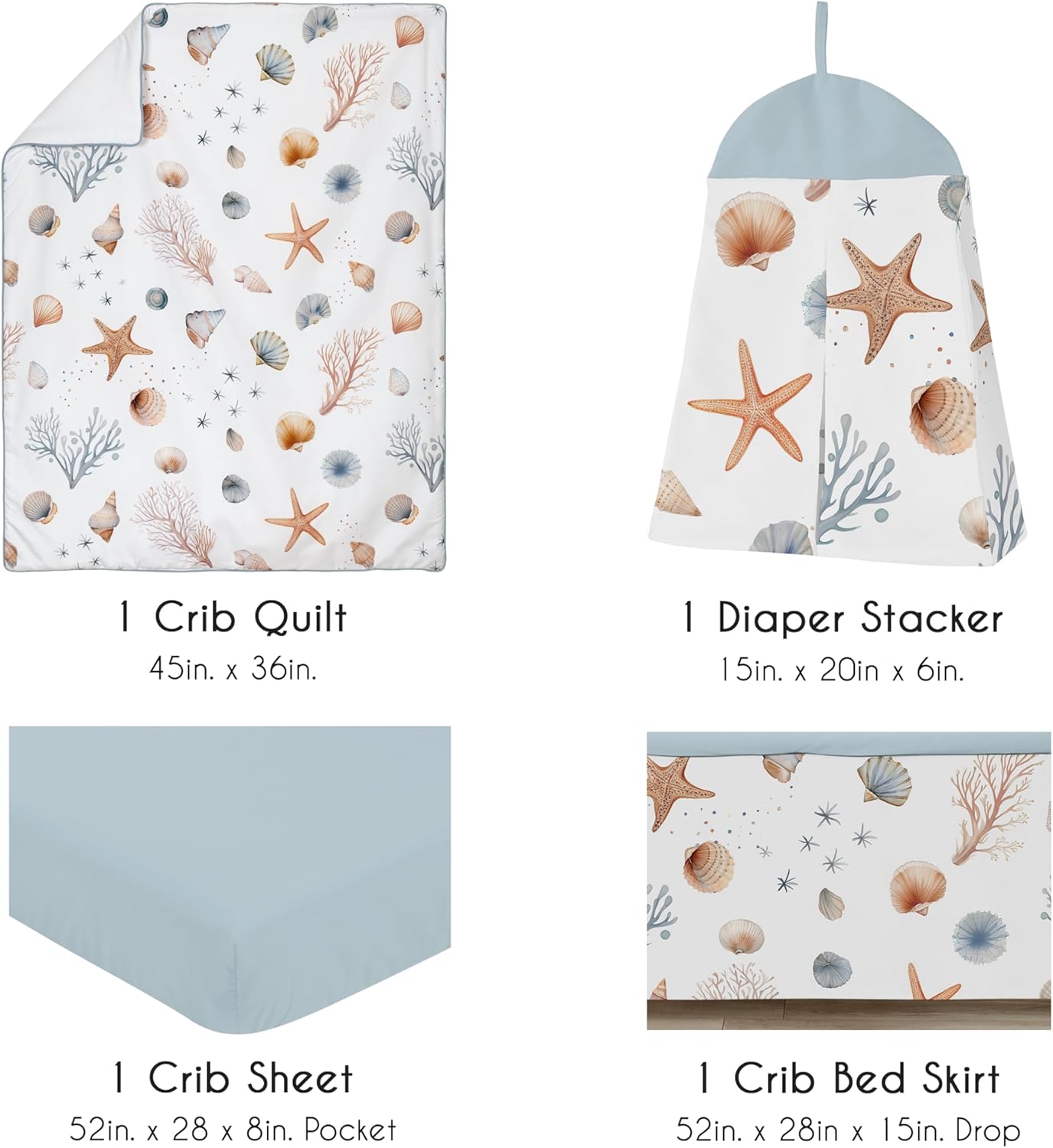 Sweet Jojo Designs 4-Piece Baby Crib Bedding Set (Ocean Seashells) for Boys or Girls, Infants/Nursery incl. Blanket, Fitted Sheet, Skirt, Diaper Stacker (Nautical, Beach Theme, Watercolor, Coastal)