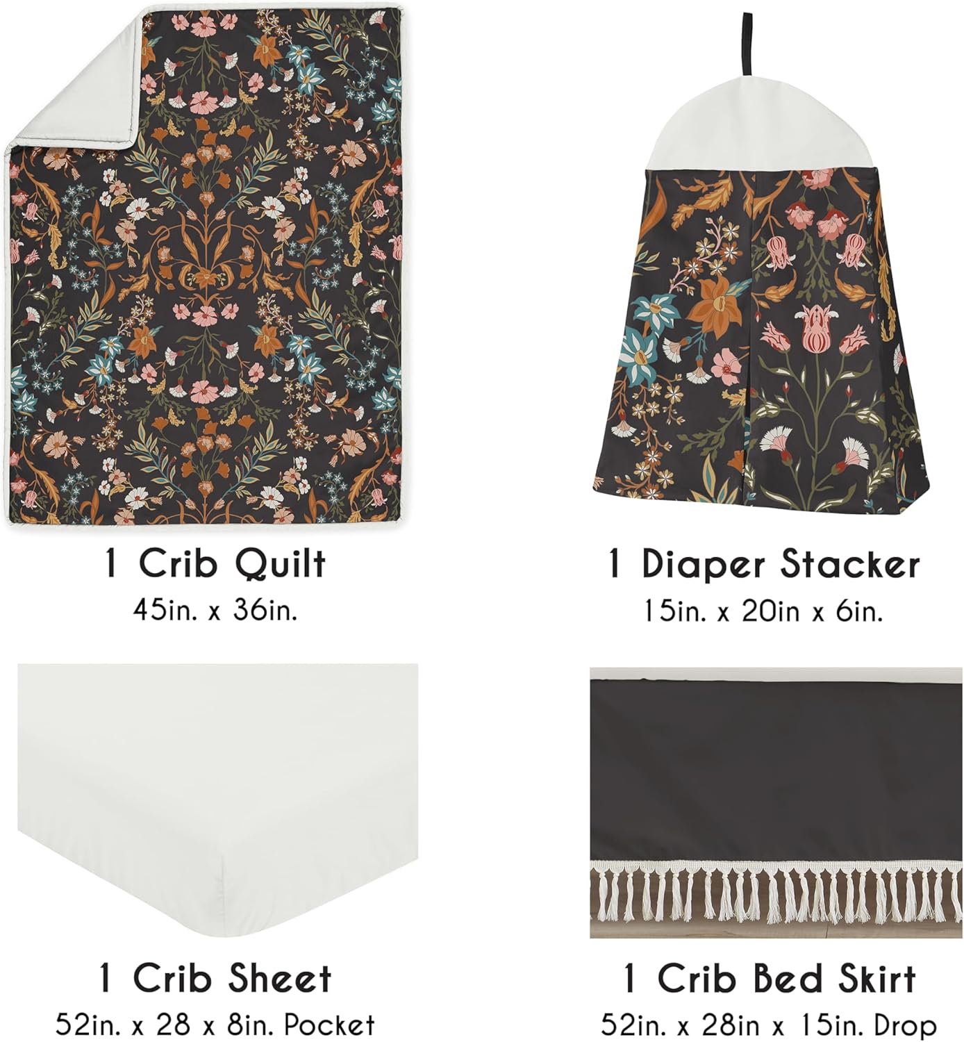Sweet Jojo Designs 4-Piece Baby Crib Bedding Set (Black Wildflower Vintage Floral) for Girls, Infants/Nursery incl. Blanket, Fitted Sheet, Skirt, Diaper Stacker (Boho, Paisley, Bohemian, Cottagecore)