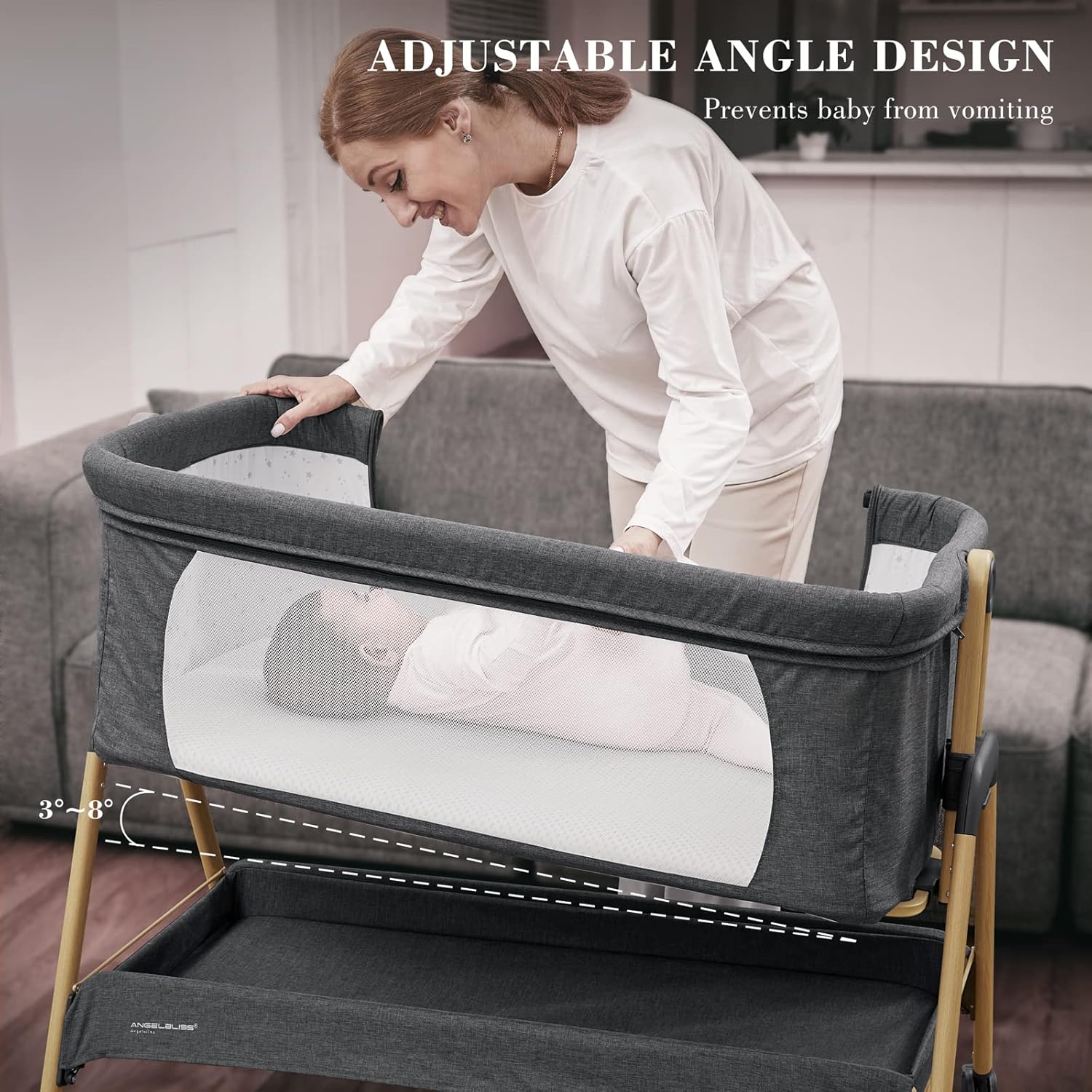 ANGELBLISS Baby Bassinet, Bedside Sleeper, Easy Folding Bedside Crib with Breathable & Washable Mattress Baby Bed, 6-Level Adjustable Portable Bassinets for Safe Co-Sleeping for Newborn Infant - Image 6