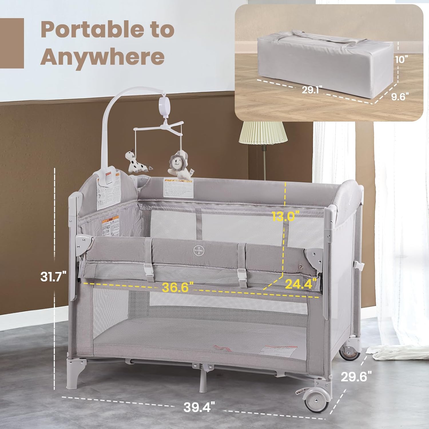 Rinnebbit Baby Bassinets Bedside Sleeper, 4 in 1 Portable Bedside Crib w/Mattress, Diaper Changer, Storage Basket, Music Box, Carry Bag, Foldable Playard Sleeper for Newborn (Light Gray)