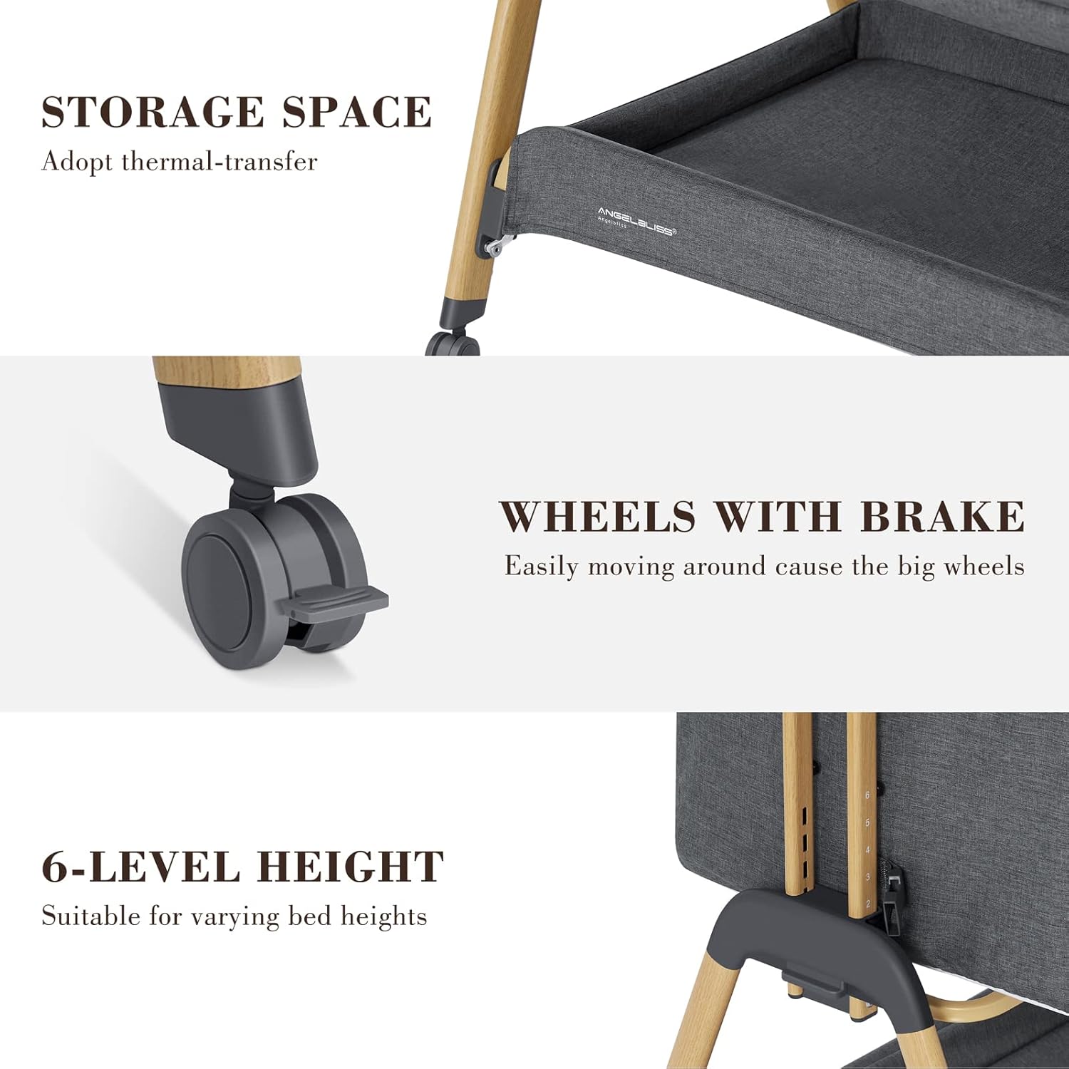 ANGELBLISS Baby Bassinet, Bedside Sleeper, Easy Folding Bedside Crib with Breathable & Washable Mattress Baby Bed, 6-Level Adjustable Portable Bassinets for Safe Co-Sleeping for Newborn Infant - Image 7