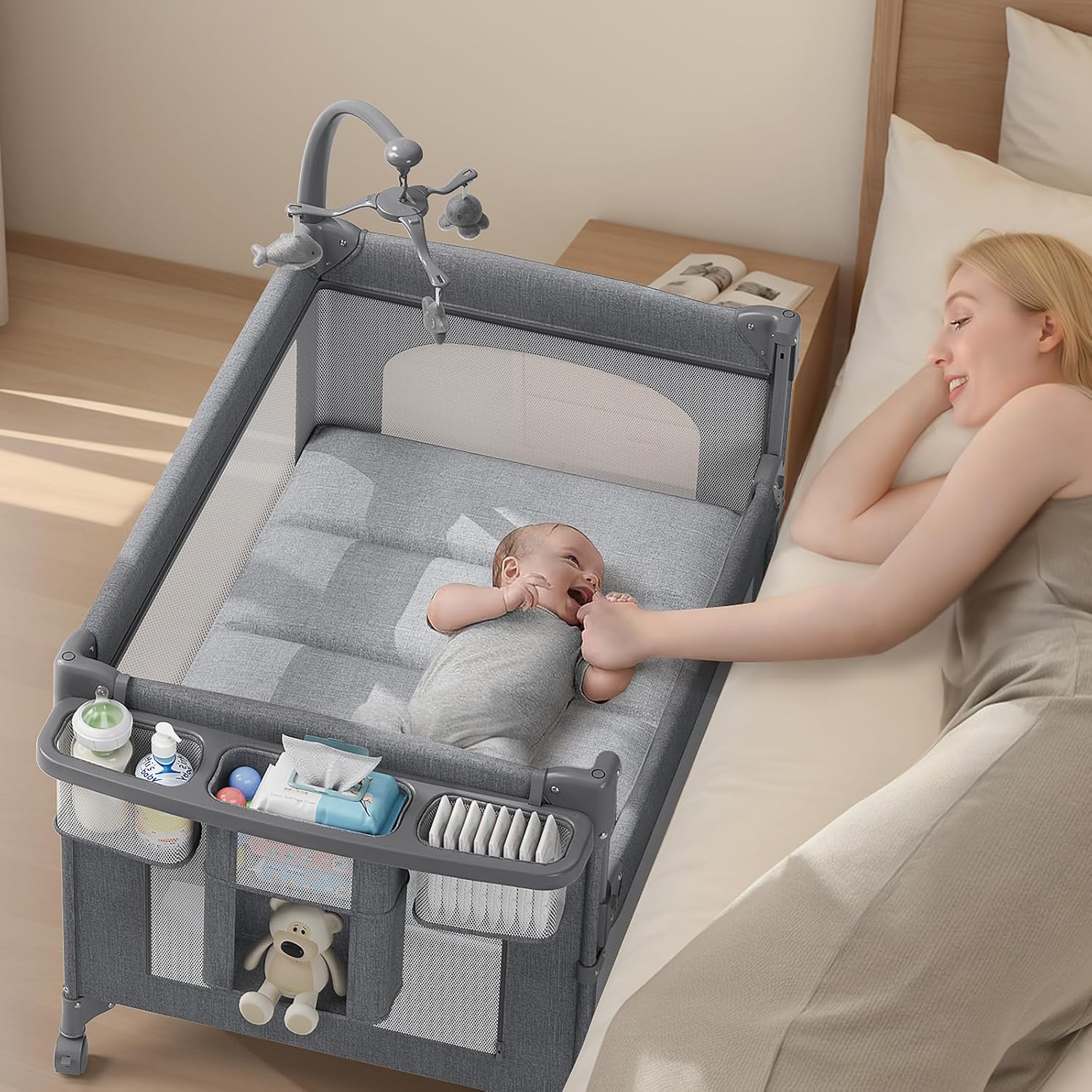 TinyGlow 4 in 1 Baby Bassinet, Pack and Play, Bedside Crib Sleeper, Diaper Changer, Quickly Assembled and Folded Portable Crib with Mattress and Mosquito Net, Easy to Carry - Image 6