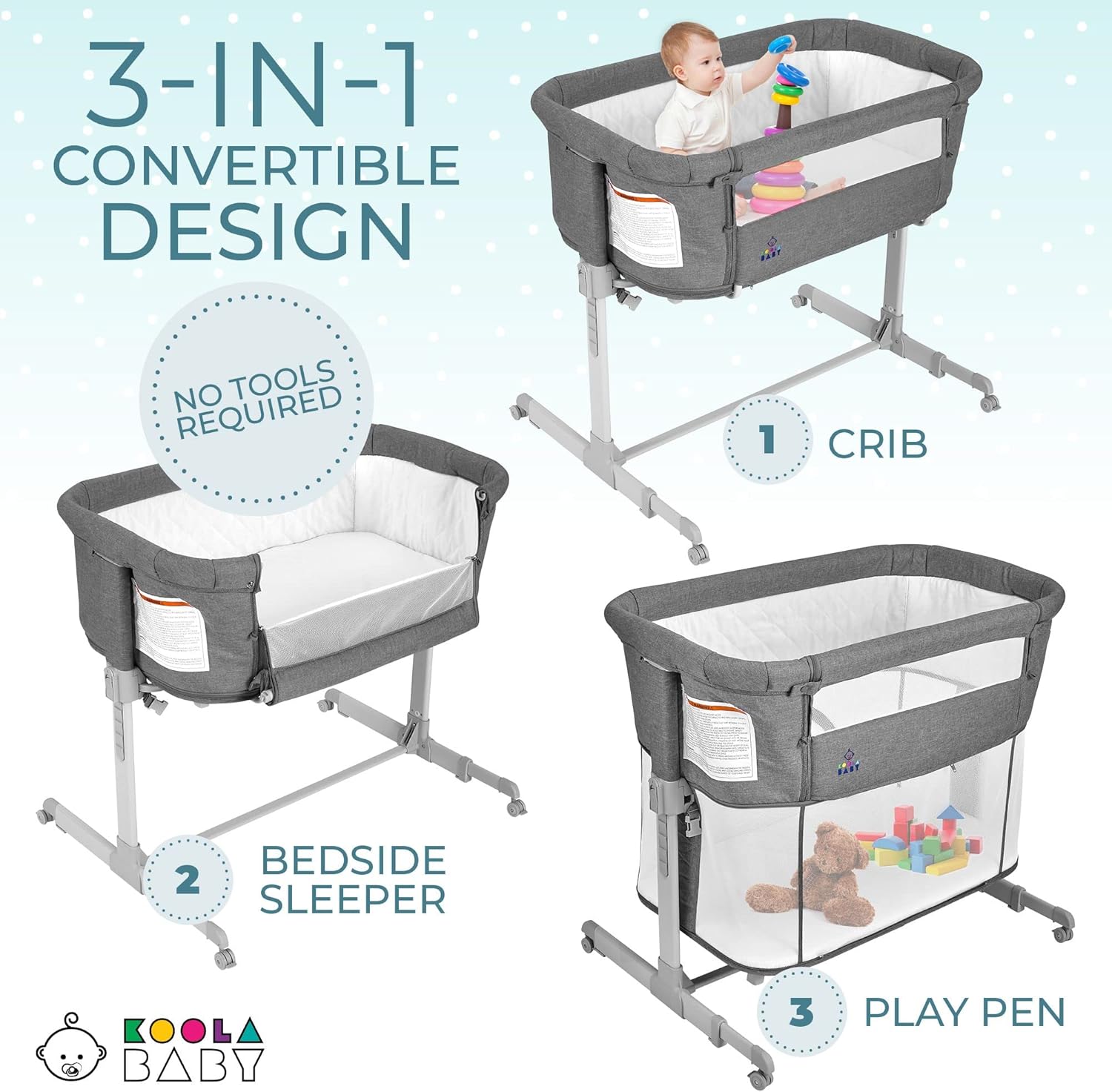 Alternative view of KoolerThings 3 in 1 Baby Bassinet, Bedside Sleeper, & Playpen, Easy Folding Portable Crib (Grey)- KoolaBaby (Bassinet)
