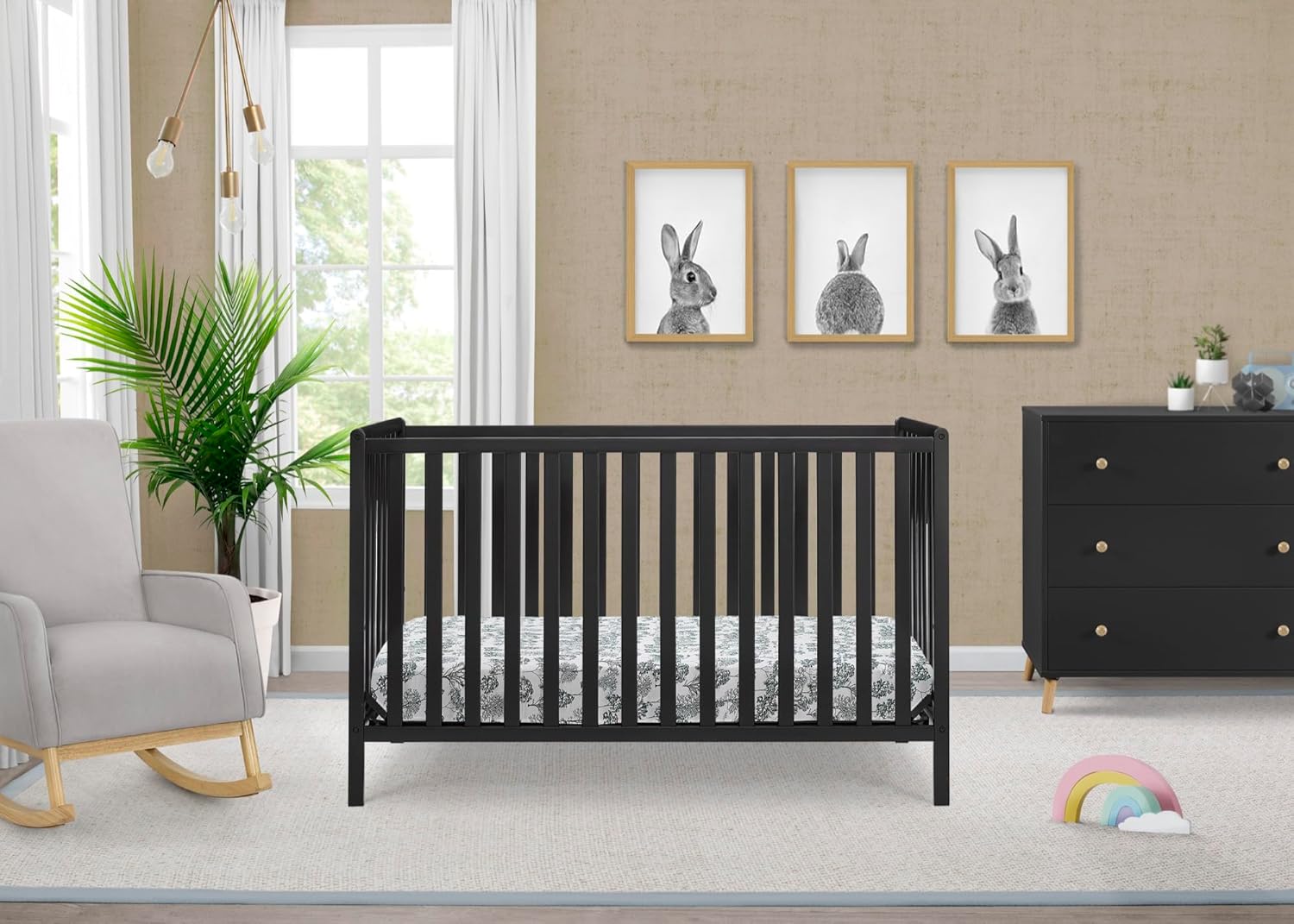 Delta Children Heartland 4-in-1 Convertible Crib, Black + Twinkle Galaxy Crib and Toddler Mattress (Bundle)