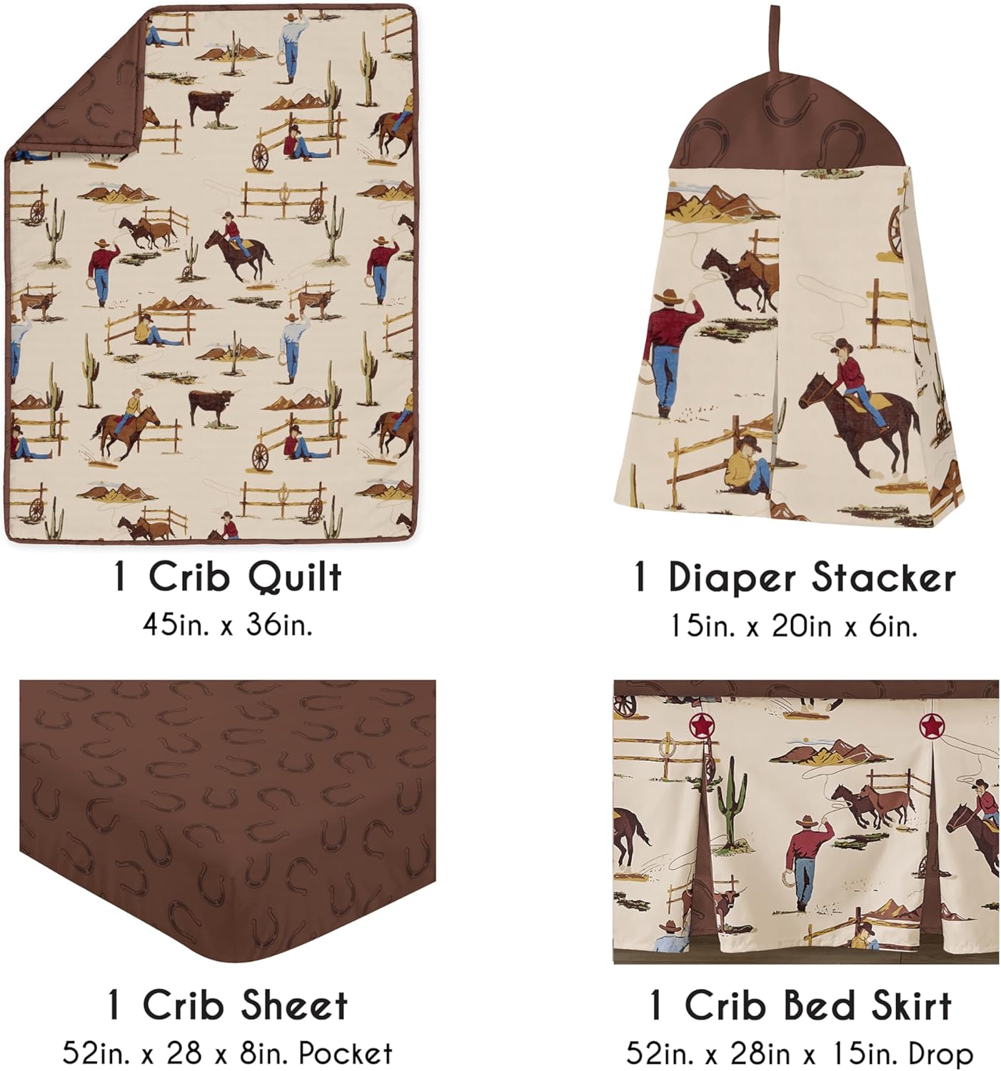 Sweet Jojo Designs 4-Piece Baby Crib Bedding Set (Western Cowboy Print) for Boys, Infants/Nursery incl. Blanket, Fitted Sheet, Skirt, Diaper Stacker (Country, Farm, Horse Ranch, Wild West, Southern)