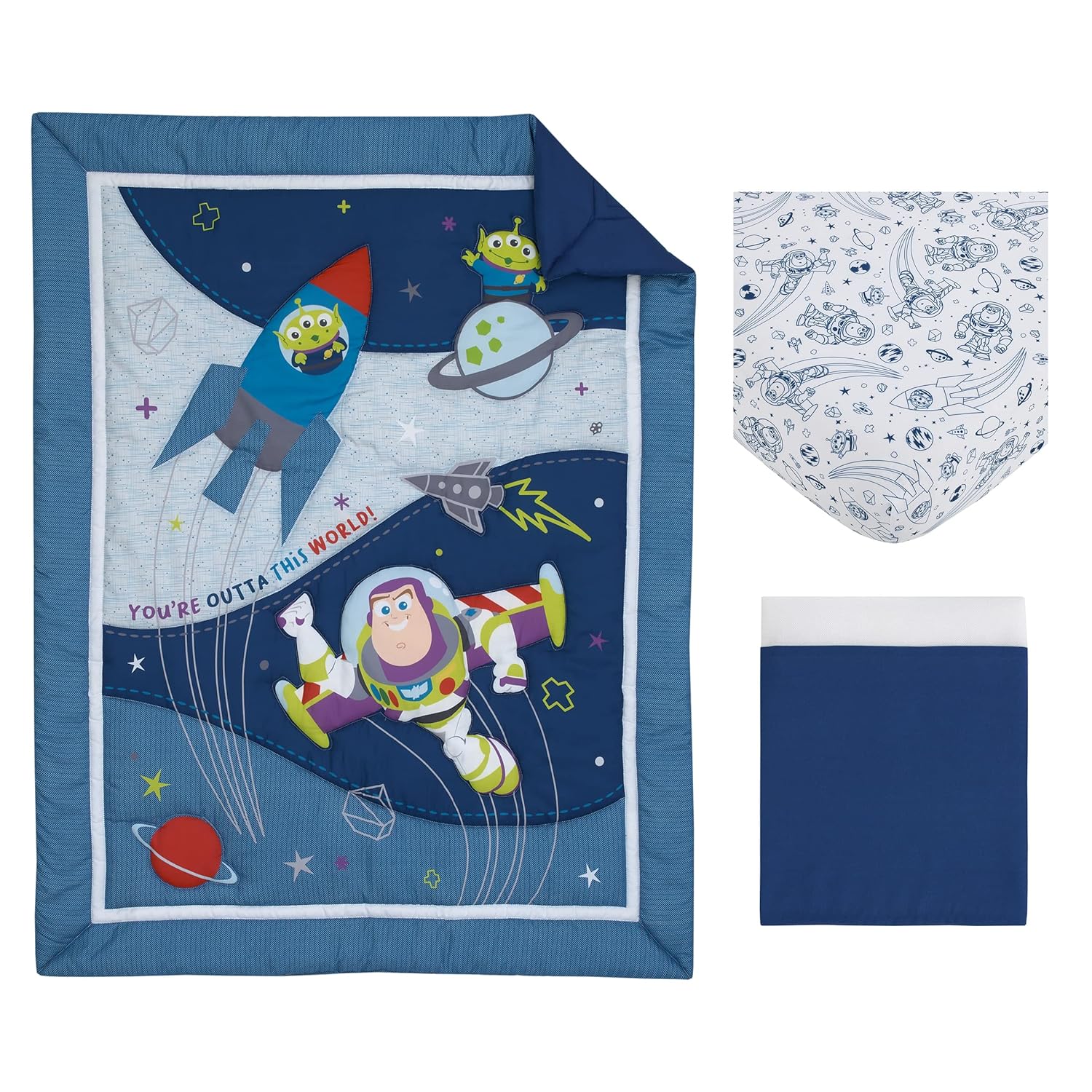 Disney Toy Story Outta This World Blue and Gray 3 Piece Nursery Crib Bedding Set - Comforter, Fitted Crib Sheet, and Crib Skirt - Image 4