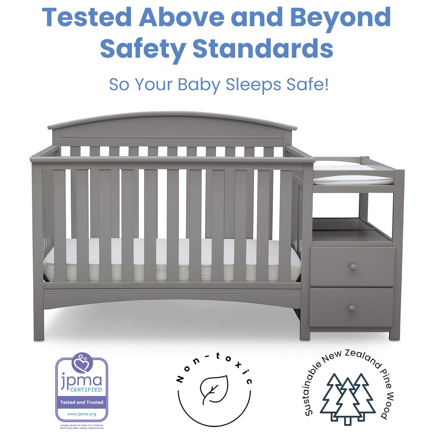 Delta Children Abby Convertible Crib 'N' Changer, Grey + Serta Perfect Slumber Dual Sided Recycled Fiber Core Crib and Toddler Mattress (Bundle) - Image 5