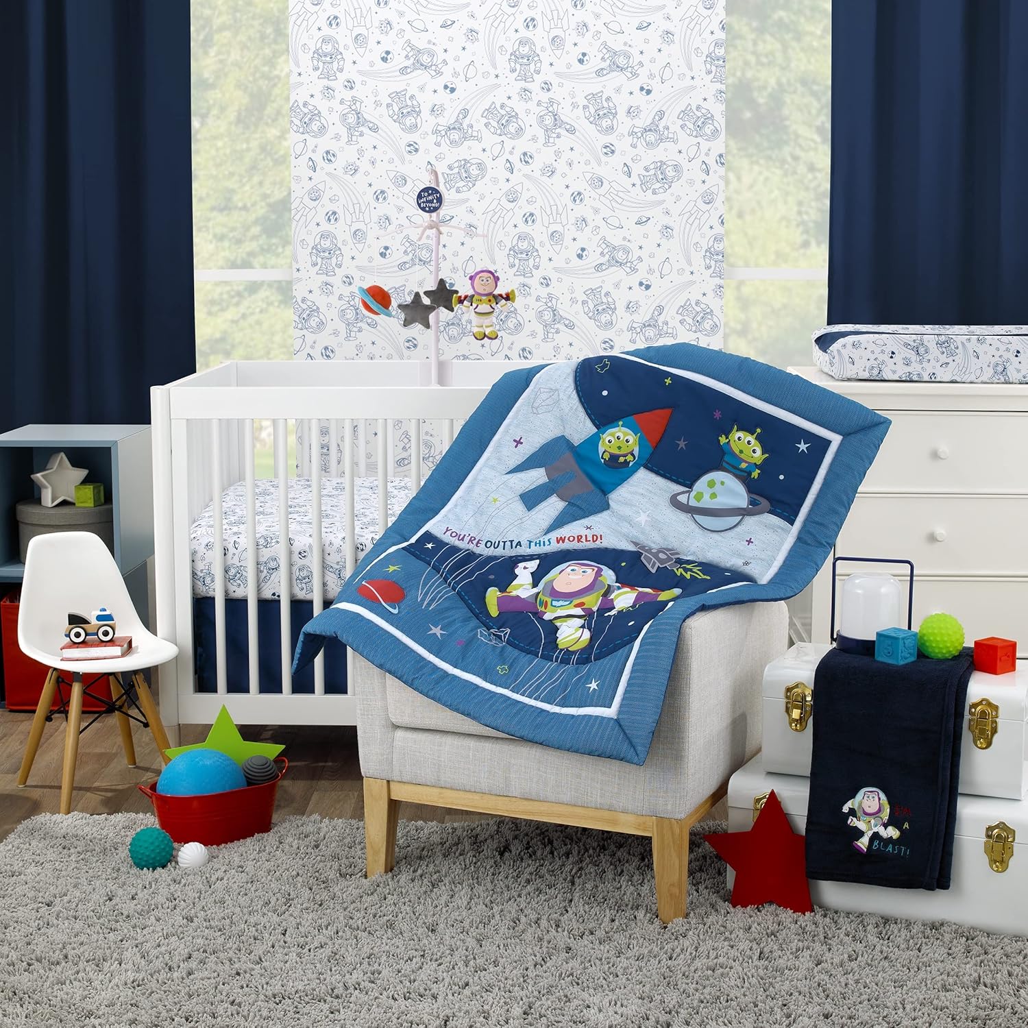 Disney Toy Story Outta This World Blue and Gray 3 Piece Nursery Crib Bedding Set - Comforter, Fitted Crib Sheet, and Crib Skirt - Image 5