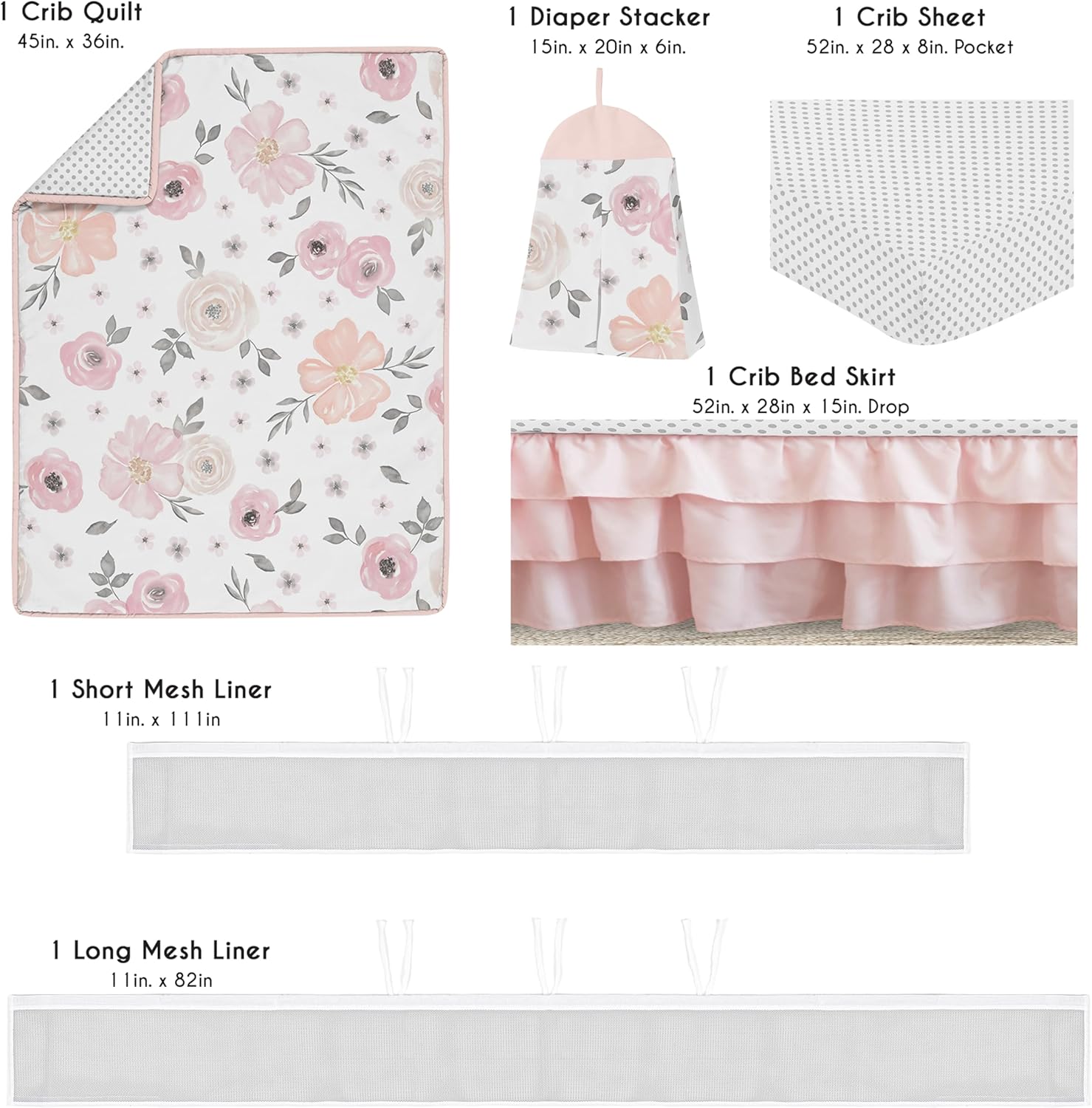 Sweet Jojo Designs 6-Piece Baby Crib Bedding Set (Pink/Grey Boho Floral) for Girls, Infants/Nursery incl. Blanket, Fitted Sheet, Skirt, BreathableBaby Breathable Mesh Crib Liner (Watercolor Polka Dot)