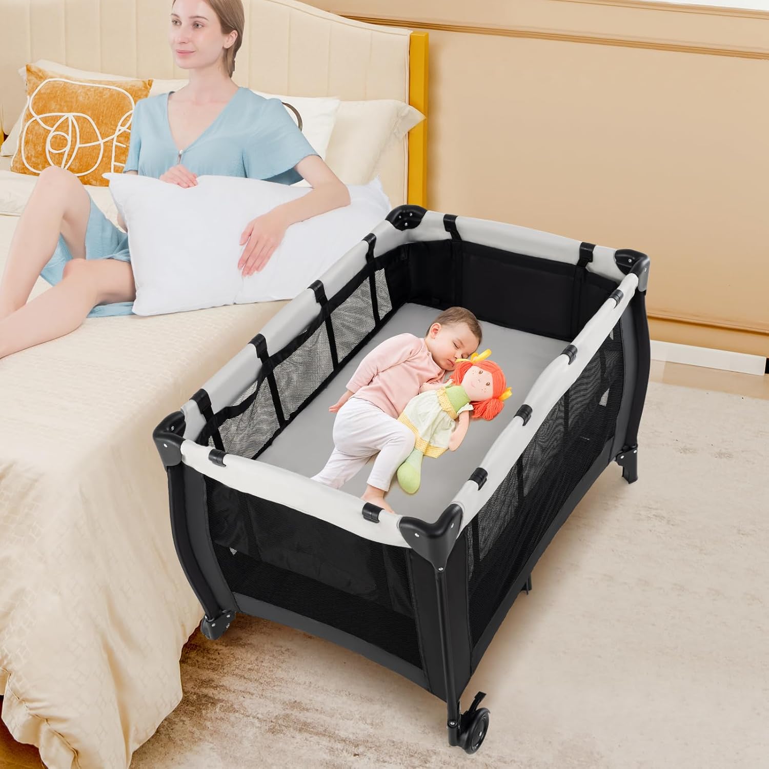 INFANS 3 in 1 Pack and Play, Portable Travel Baby Crib Bassinet with Detachable Mattress, Newborn Changing Table, Foldable Playpen with Carry Bag and 2 Wheels (Morden)