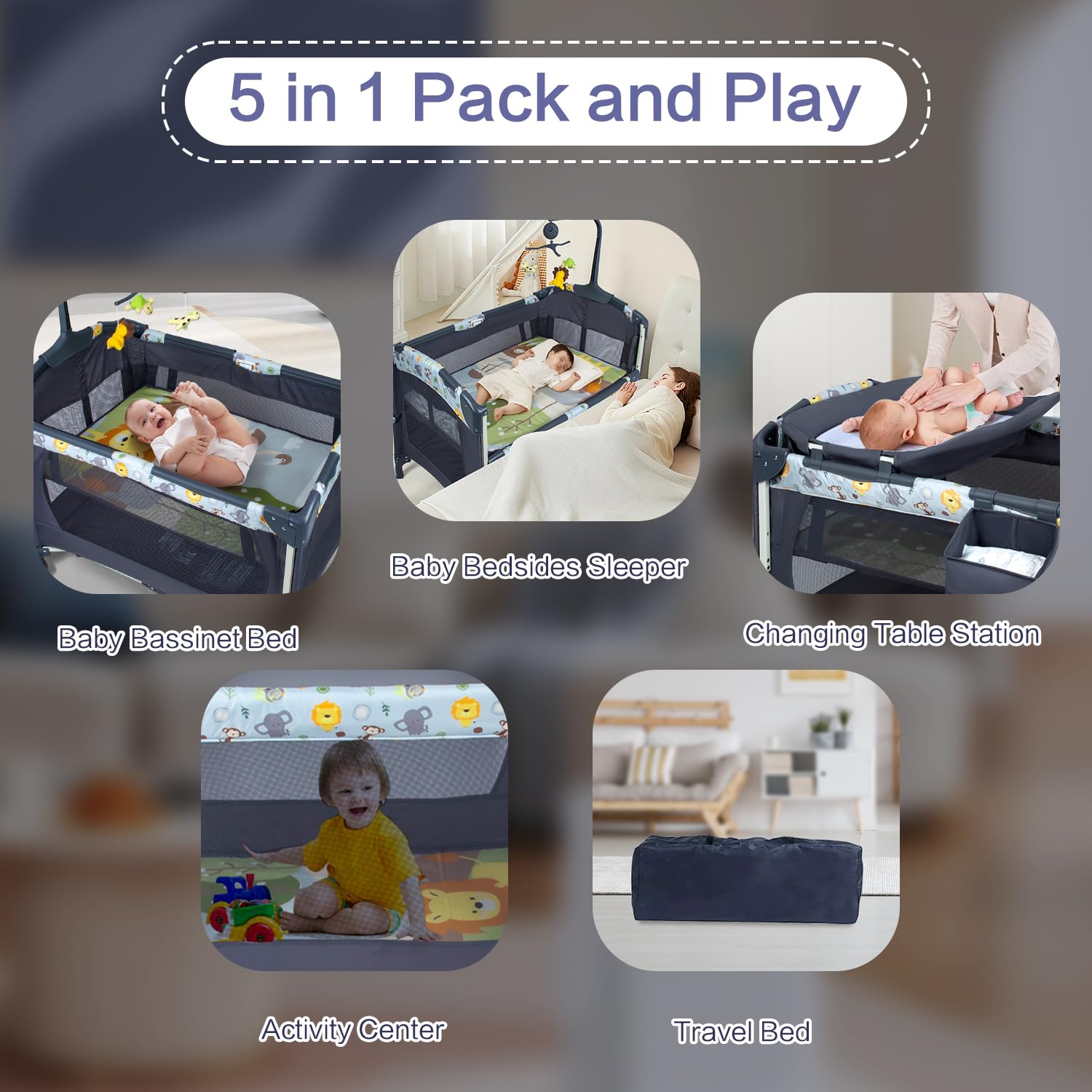 Alternative view of 5-in-1 Baby Bassinet Bedside Crib, Pack and Play Long Next to Parents Bed Crib with Toys & Music Box, Mattress, Foldable Playard, Playpen Travel Bed Nursery Center for Girl Boy Infant Newborn